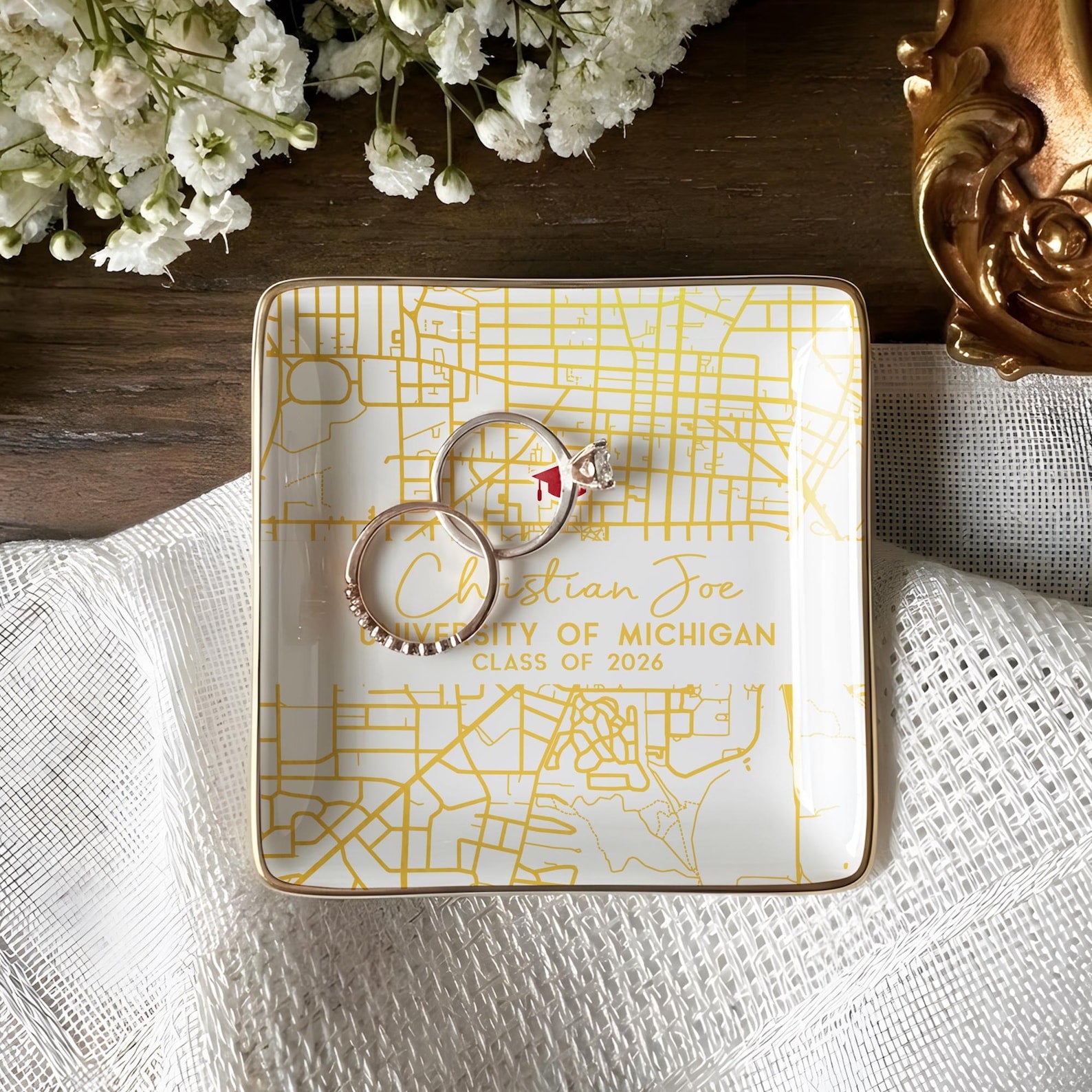 Custom Campus Map Graduation Jewelry Dish, Personalized College Map Ring Dish