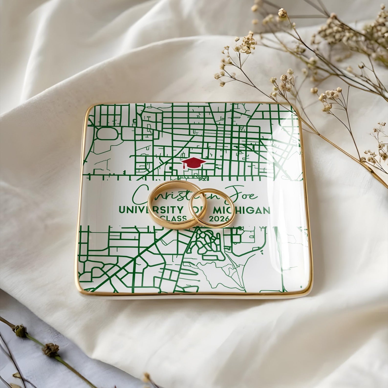 Custom Campus Map Graduation Jewelry Dish, Personalized College Map Ring Dish