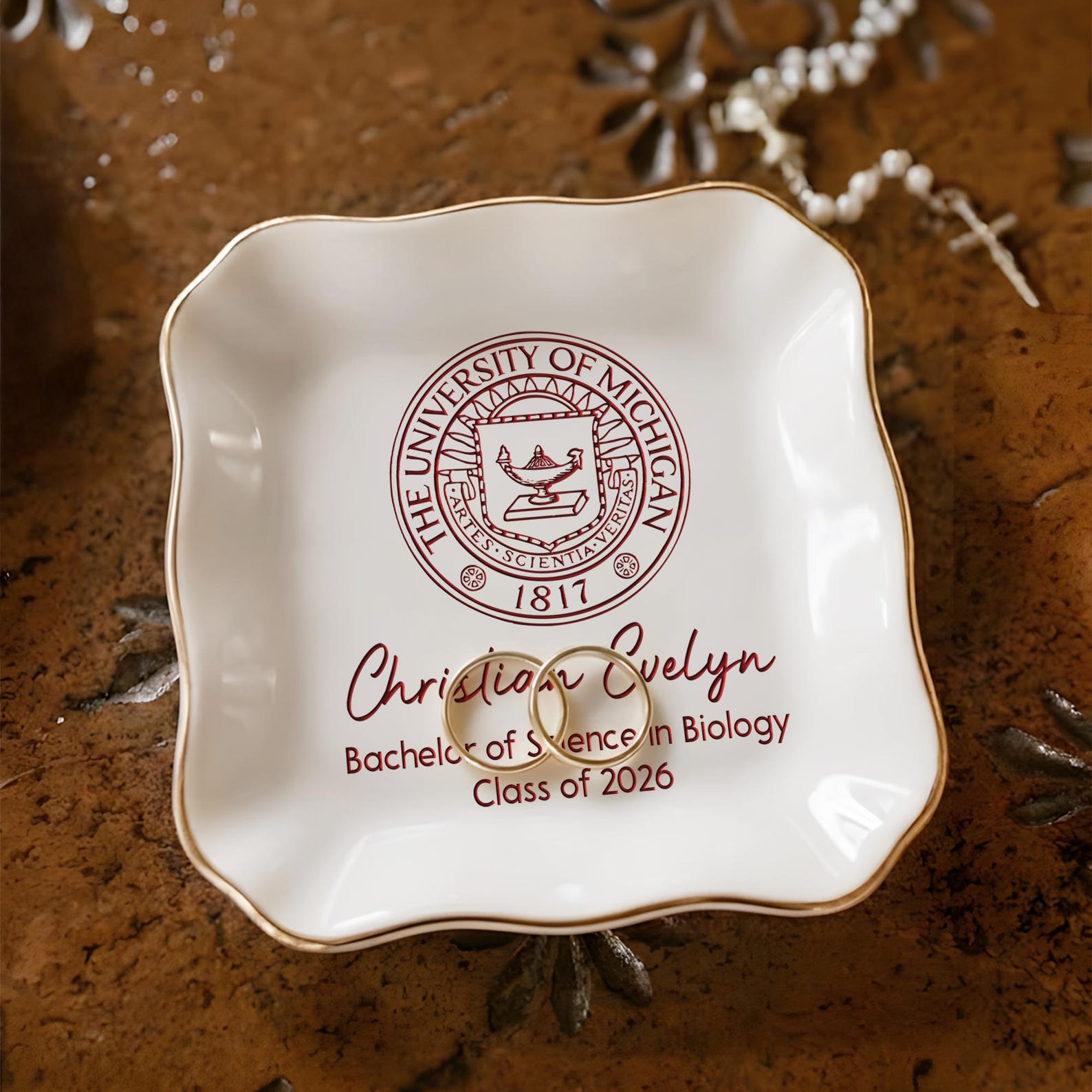 Custom College Logo Graduation Ring Dish, Personalized University Logo Grad Gifts