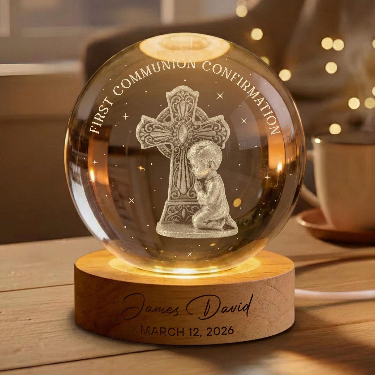 Personalized First Communion Crystal Ball Night Light, Baptism Confirmation Gift