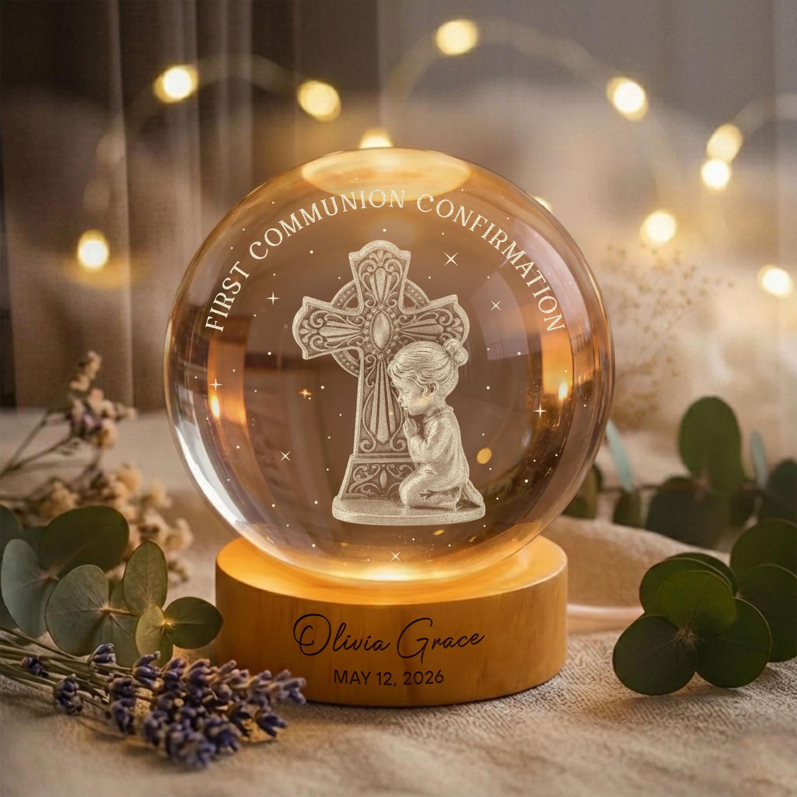 Personalized First Communion Crystal Ball Night Light, Baptism Confirmation Gift