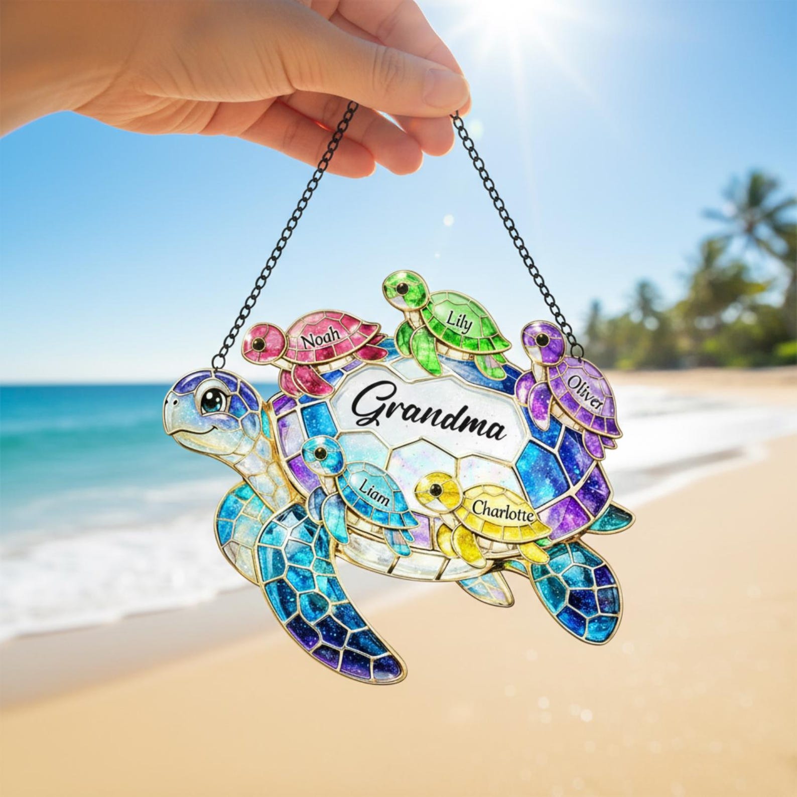 Personalized Sea Turtle Family Suncatcher, Custom Name Acrylic Window Art