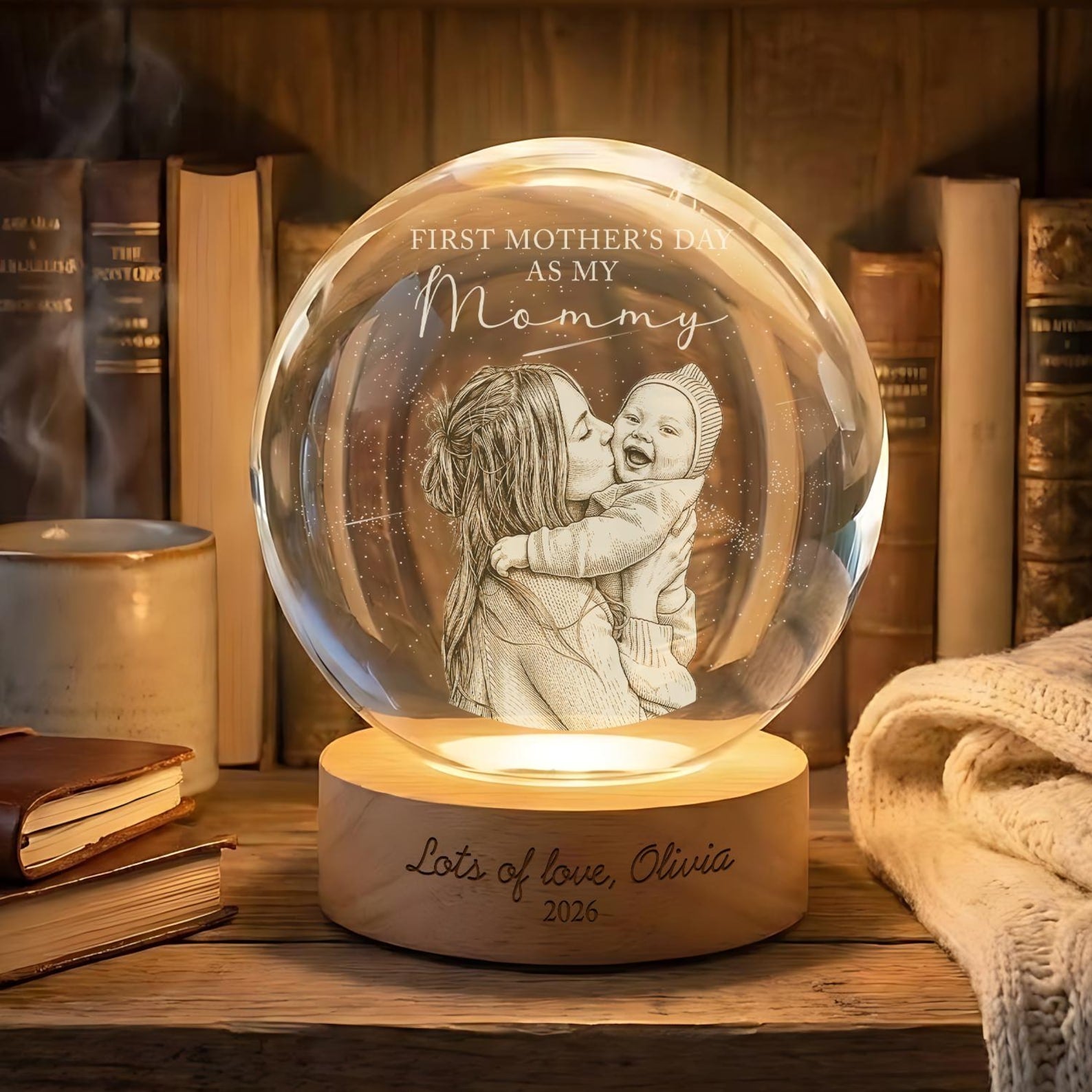 First Mother's Day Photo Crystal Ball Night Light, Personalized New Mom Gift