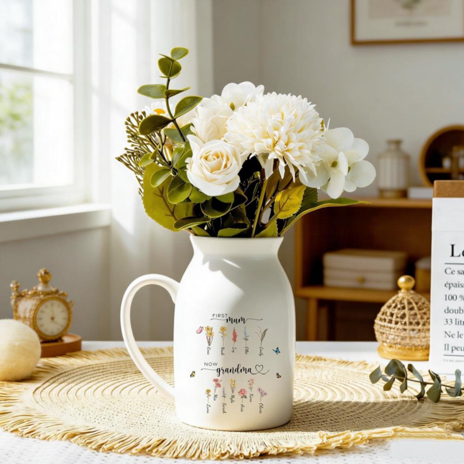 Personalized First Mom Now Grandma Birth Flower Vase, Custom Family Name Vase