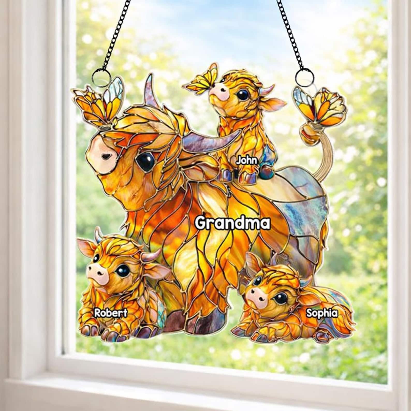 Personalized Highland Cow Mom Acrylic Suncatcher, Grandma’s Herd with Names