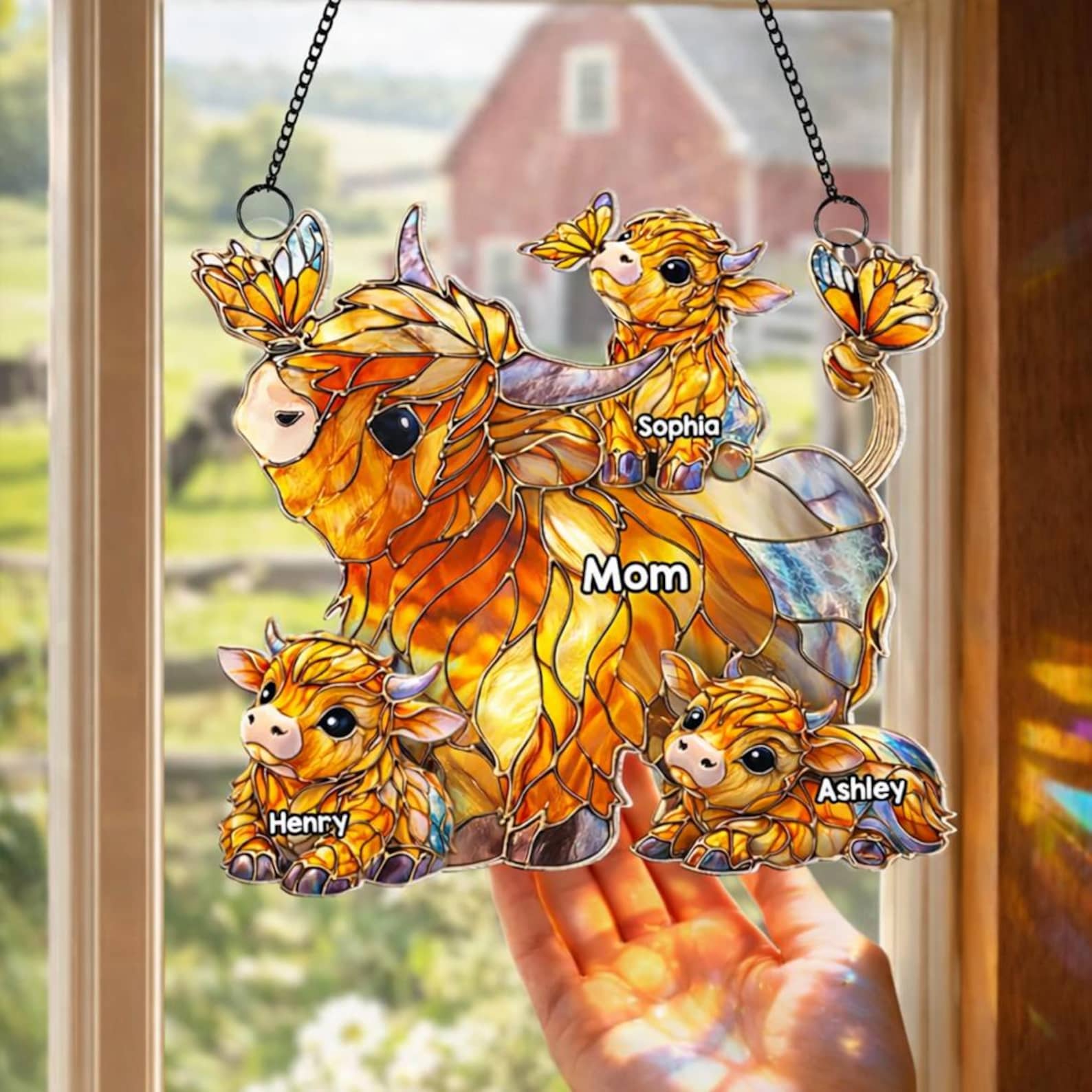 Personalized Highland Cow Mom Acrylic Suncatcher, Grandma’s Herd with Names