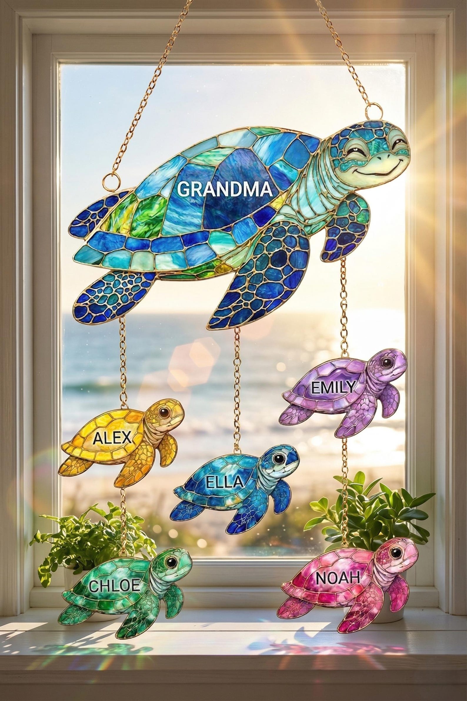 Personalized Grandma& Kids Sea Turtle Suncatcher, Sea Turtle Family Suncatcher