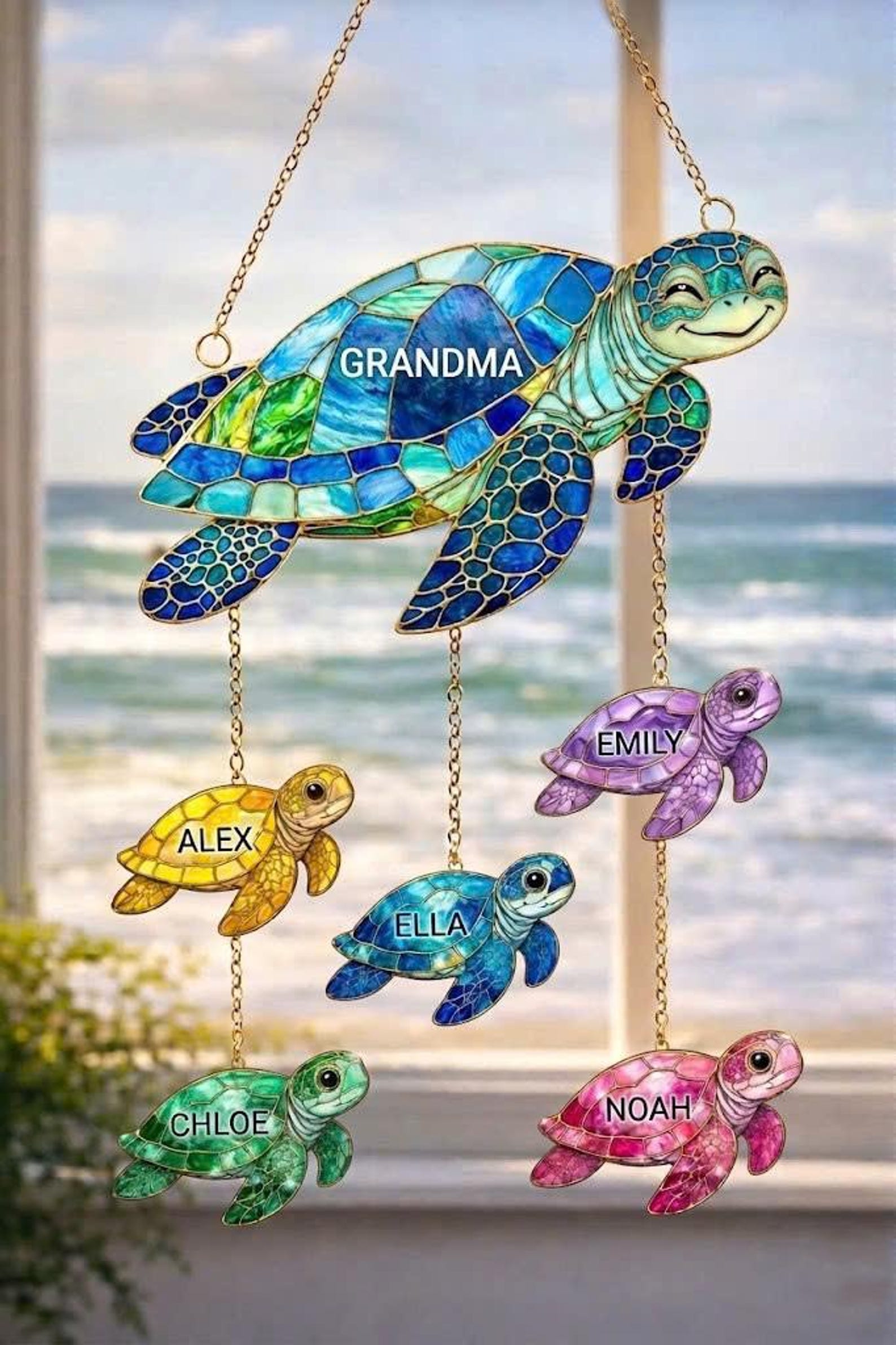 Personalized Grandma& Kids Sea Turtle Suncatcher, Sea Turtle Family Suncatcher