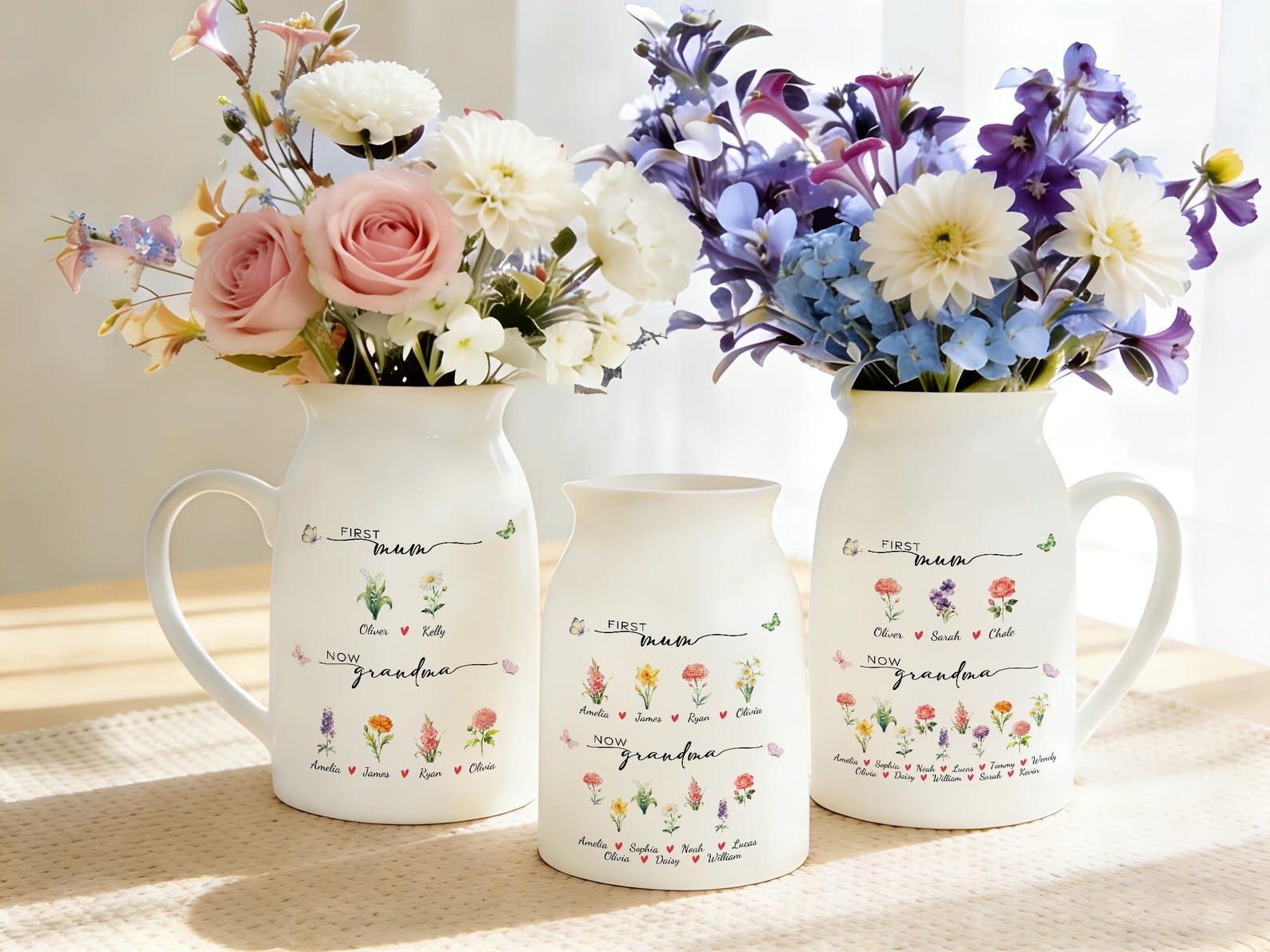 Custom First Mom Now Grandma Ceramic Flower Vase, Grandmas Garden Vase