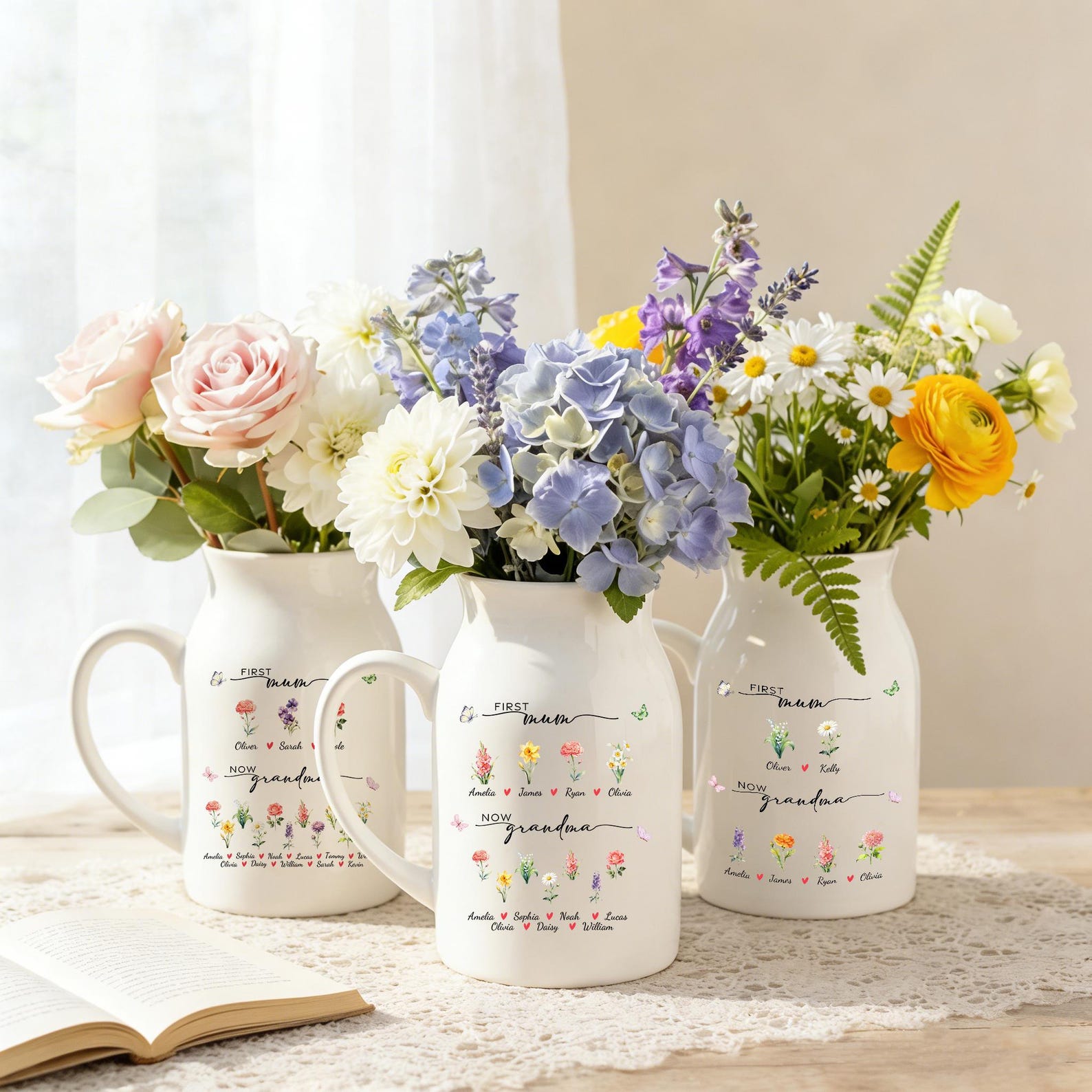 Custom First Mom Now Grandma Ceramic Flower Vase, Grandmas Garden Vase