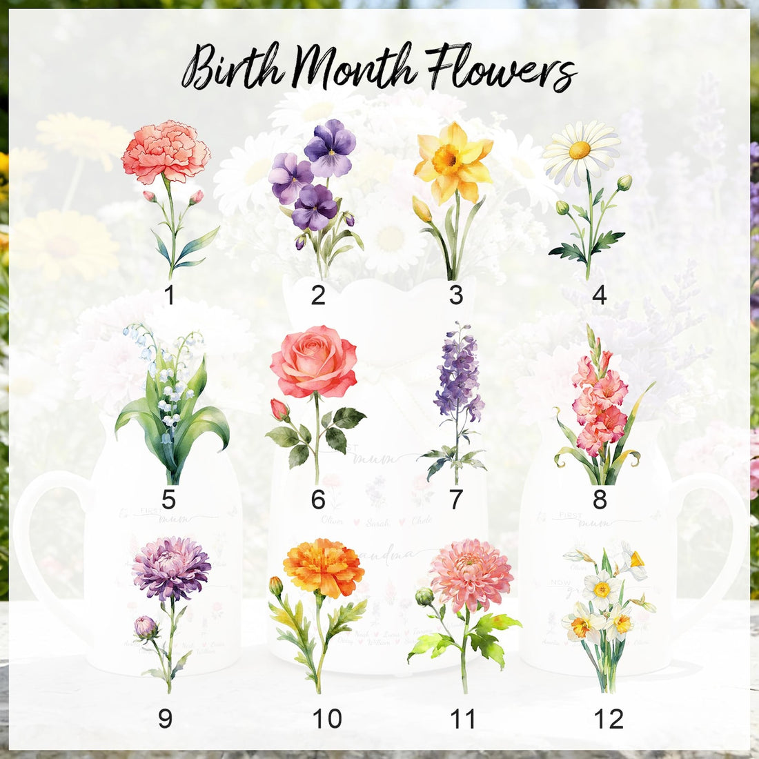 Custom First Mom Now Grandma Ceramic Flower Vase, Grandmas Garden Vase,Birth Month Flower Vase