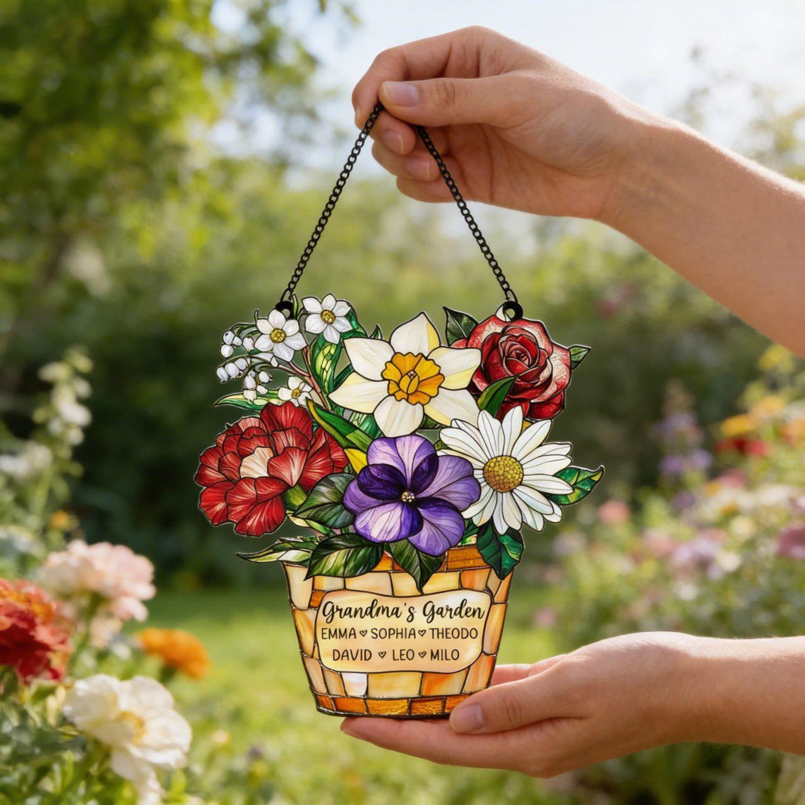 Custom Floral Suncatcher with Kids Names, Personalized Grandma Gift Window Hanging