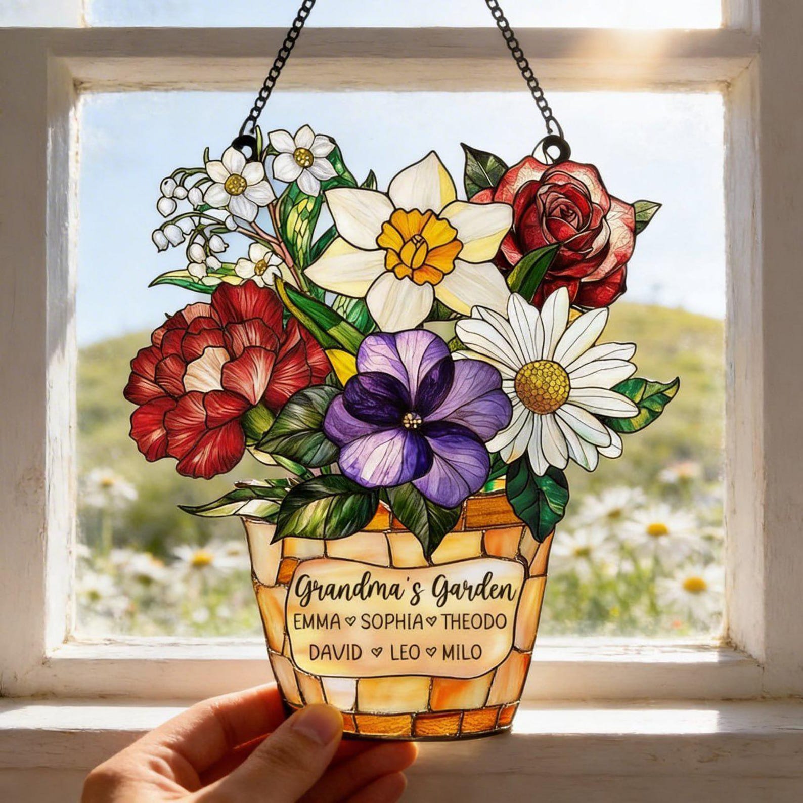 Custom Floral Suncatcher with Kids Names, Personalized Grandma Gift Window Hanging
