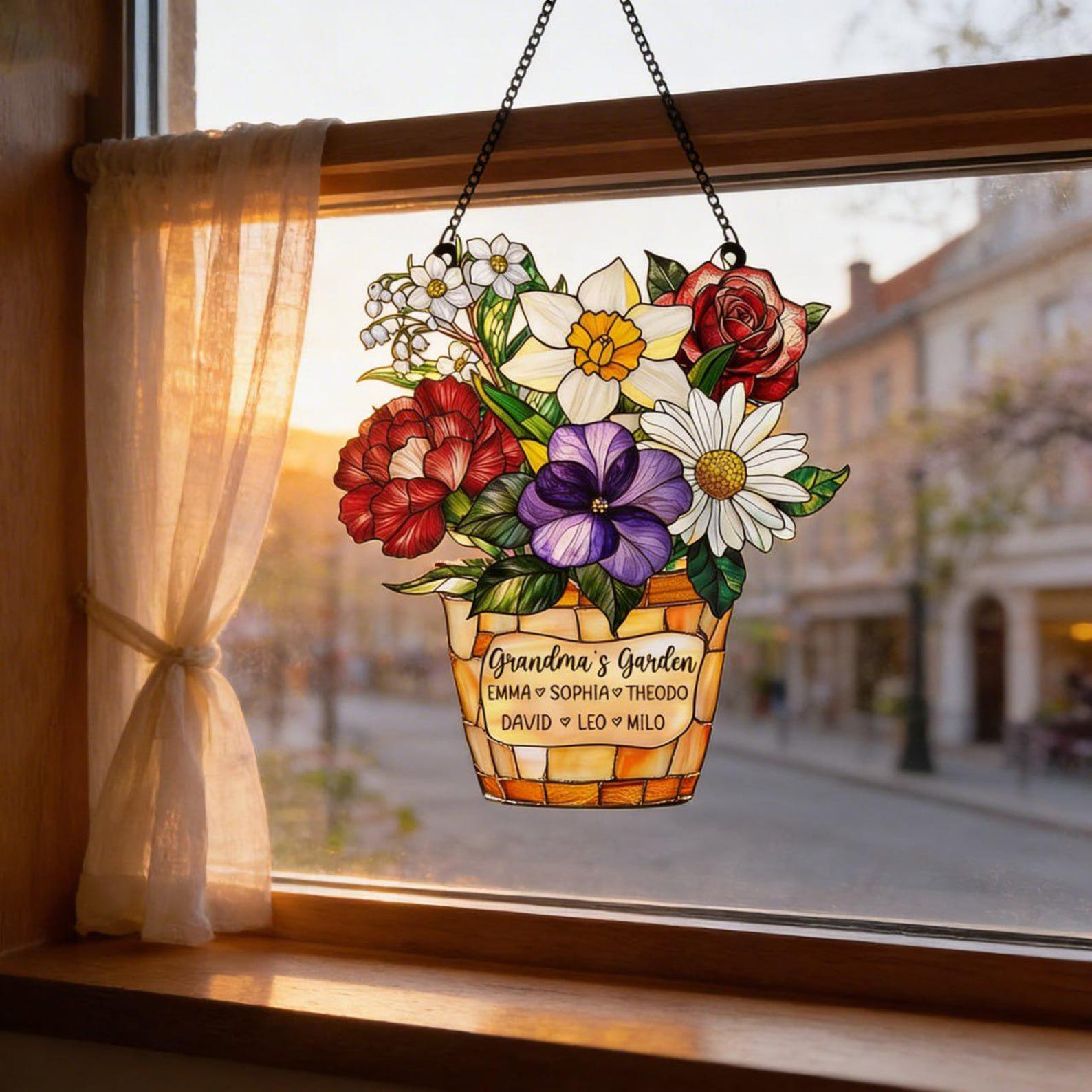Custom Floral Suncatcher with Kids Names, Personalized Grandma Gift Window Hanging