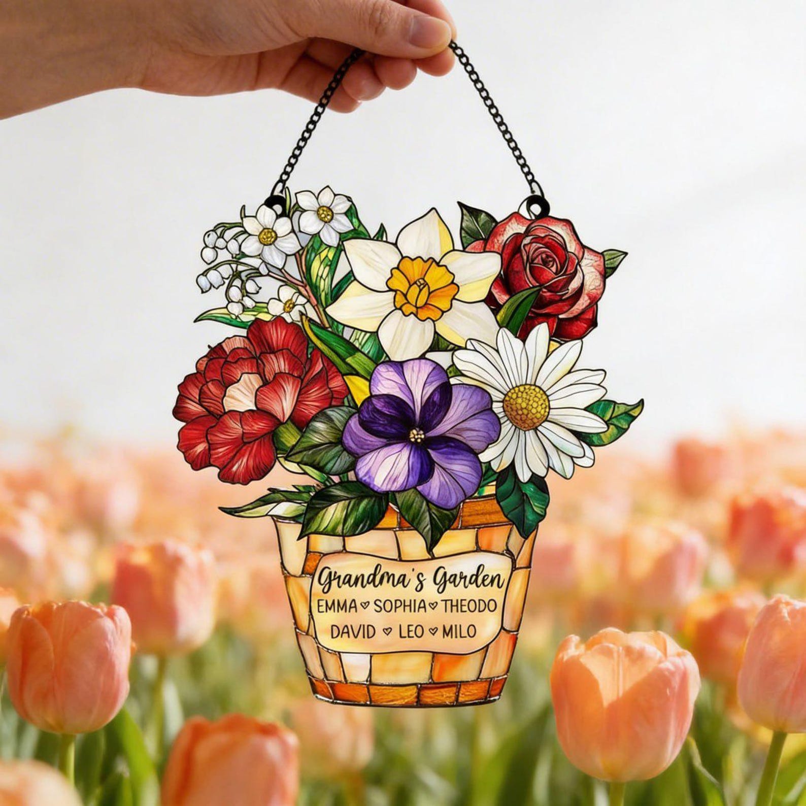 Custom Floral Suncatcher with Kids Names, Personalized Grandma Gift Window Hanging