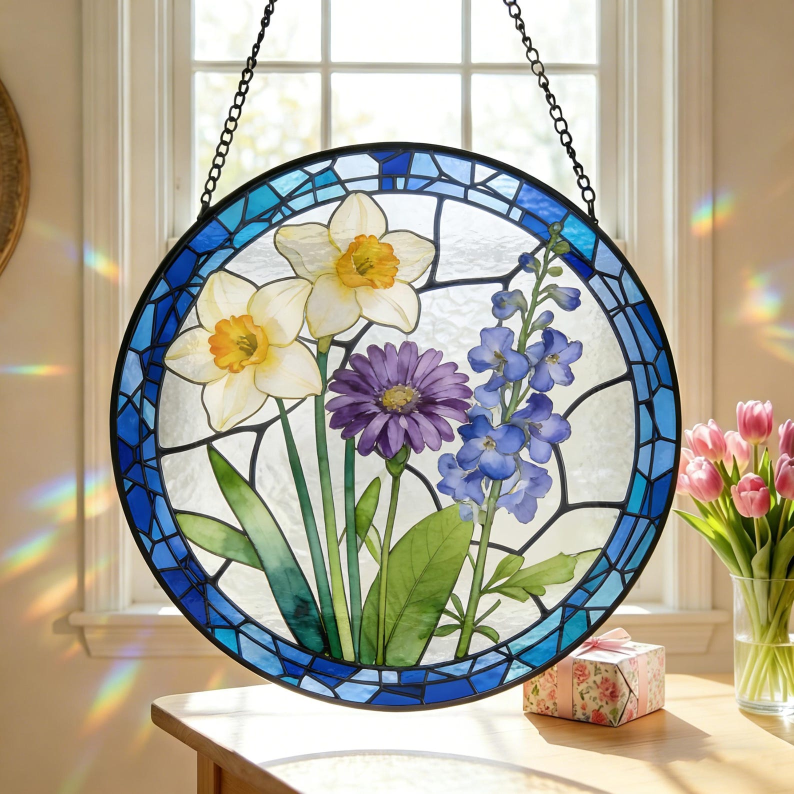 Personalized Stained Glass Birth Flower Suncatcher, Custom Birth Month Gift