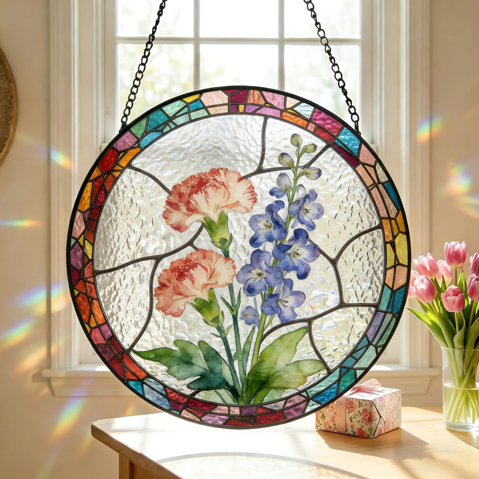 Personalized Stained Glass Birth Flower Suncatcher, Custom Birth Month Gift