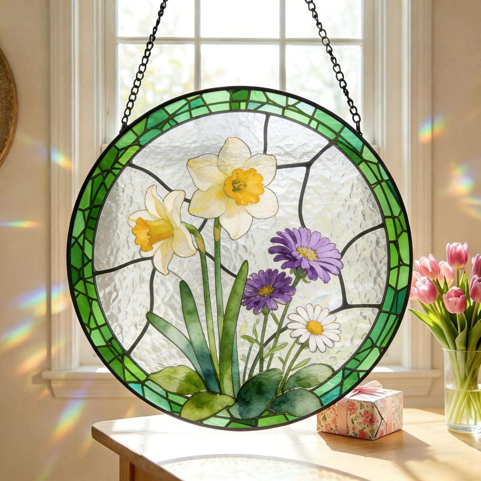 Personalized Stained Glass Birth Flower Suncatcher, Custom Birth Month Gift