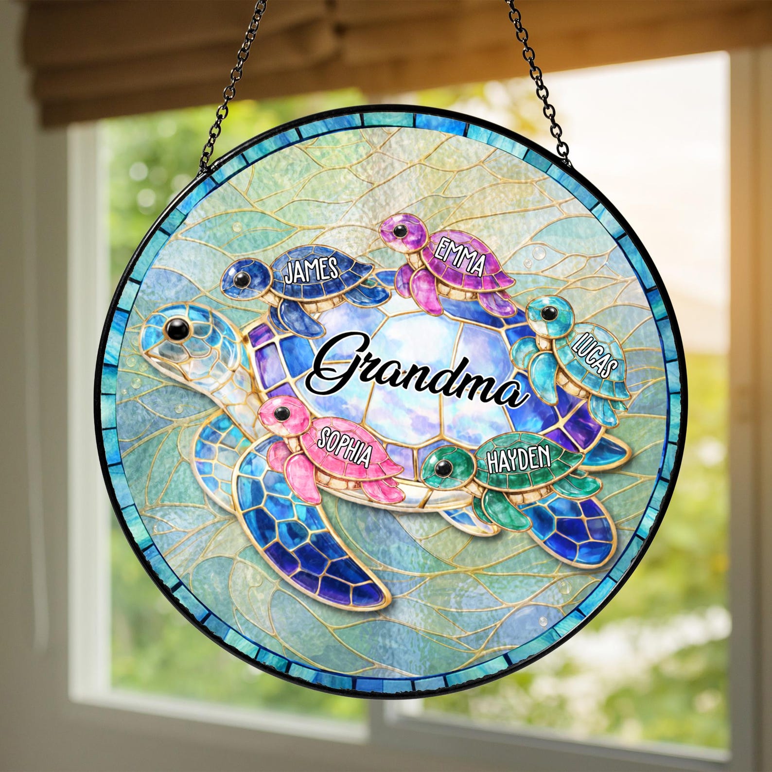 Personalized Turtle Suncatcher for Grandma, Custom Name Stained Glass Suncatcher