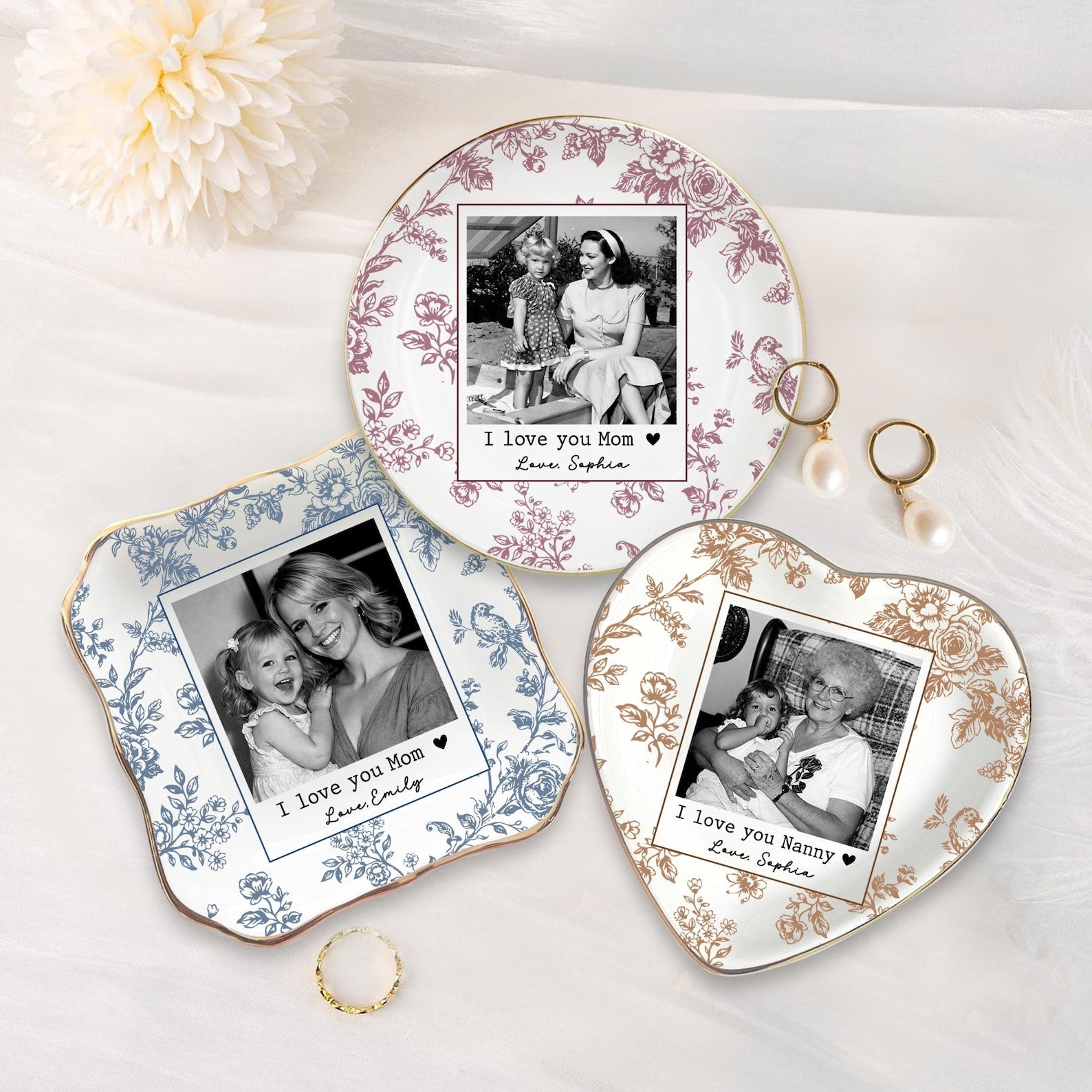 Personalized Mom Photo Jewelry Tray, Custom Toile De Jouy Mom Photo Ring Dish