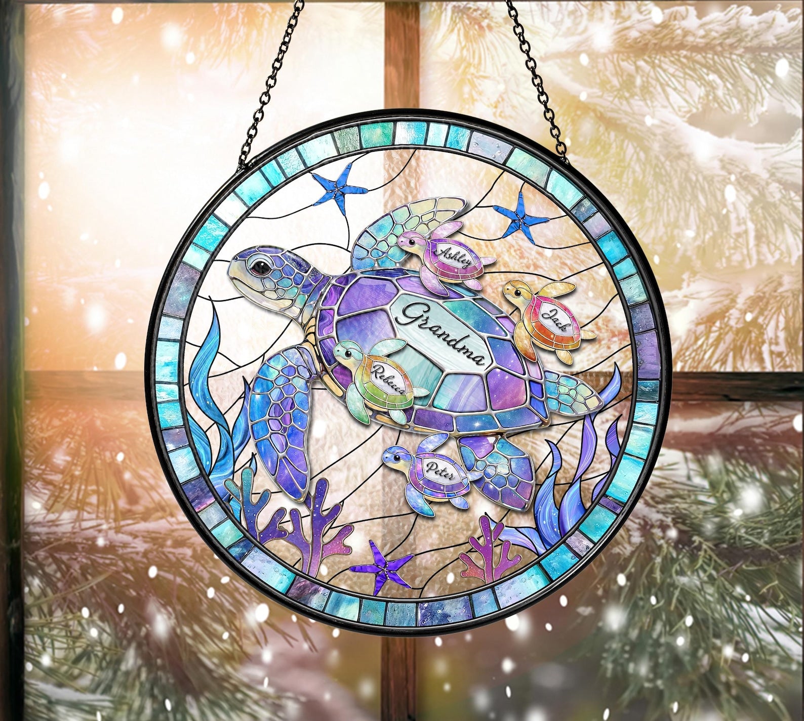 Personalized Sea Turtle Family Suncatcher, Ocean Stained Glass, Custom Kids Name