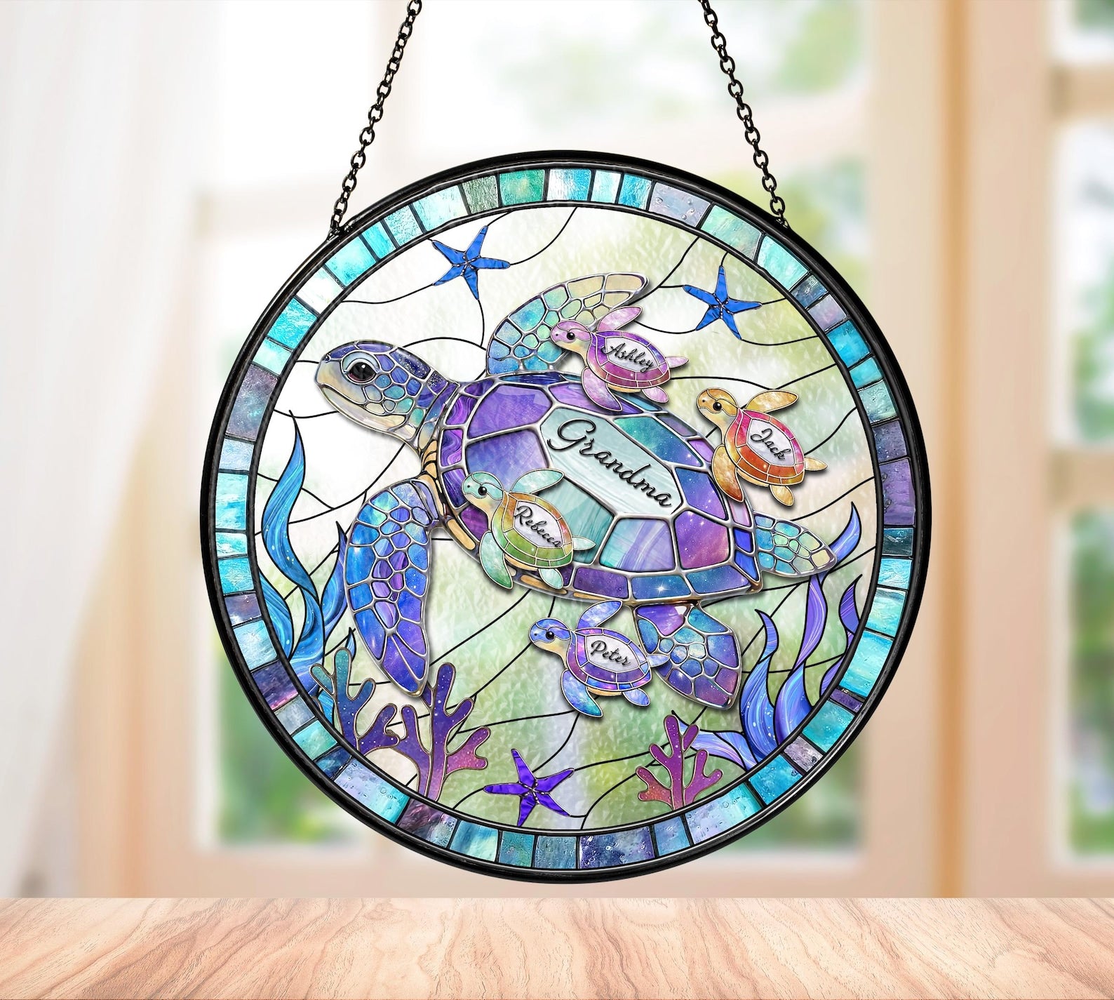 Personalized Sea Turtle Family Suncatcher, Ocean Stained Glass, Custom Kids Name