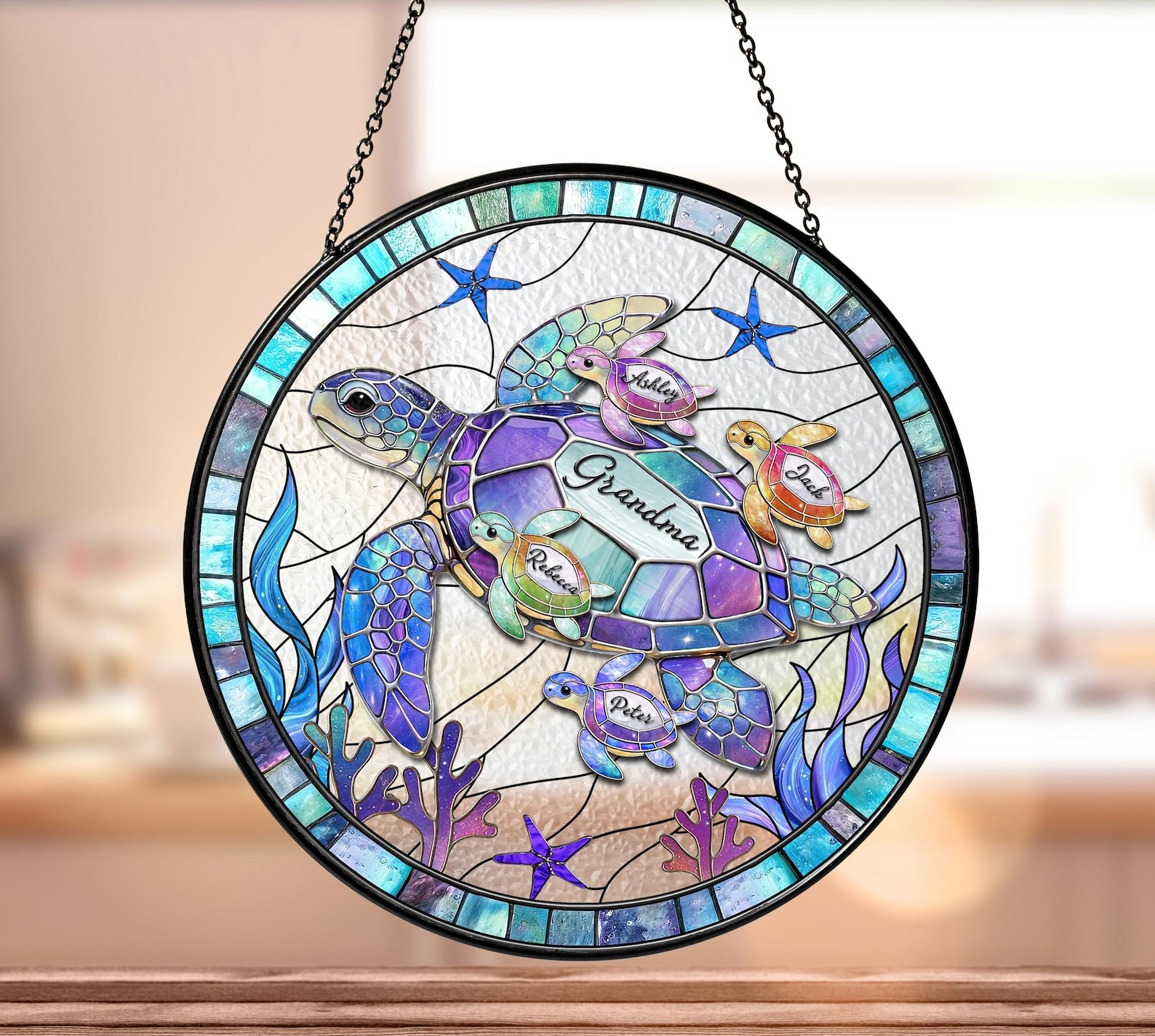Personalized Sea Turtle Family Suncatcher, Ocean Stained Glass, Custom Kids Name