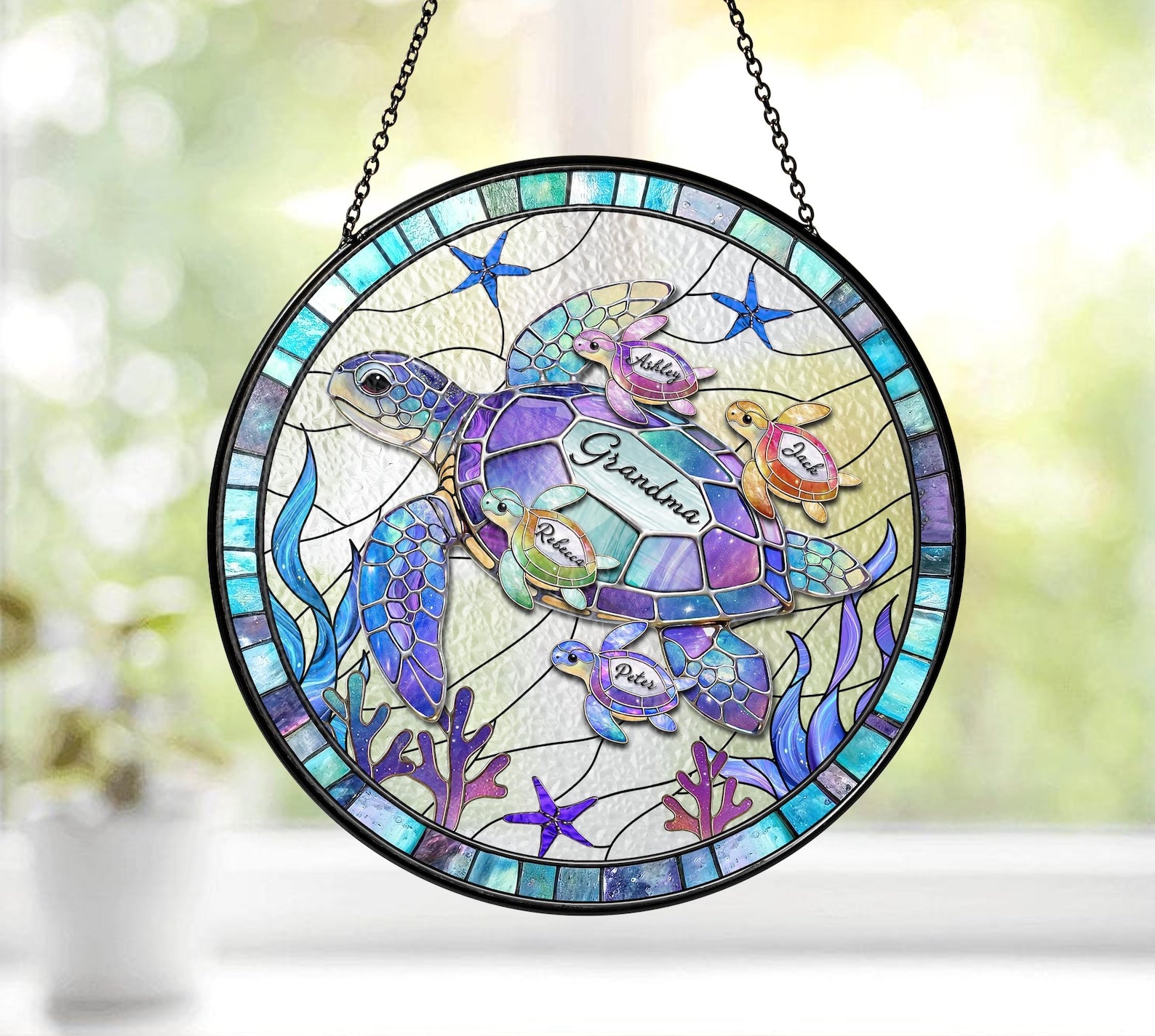 Personalized Sea Turtle Family Suncatcher, Ocean Stained Glass, Custom Kids Name