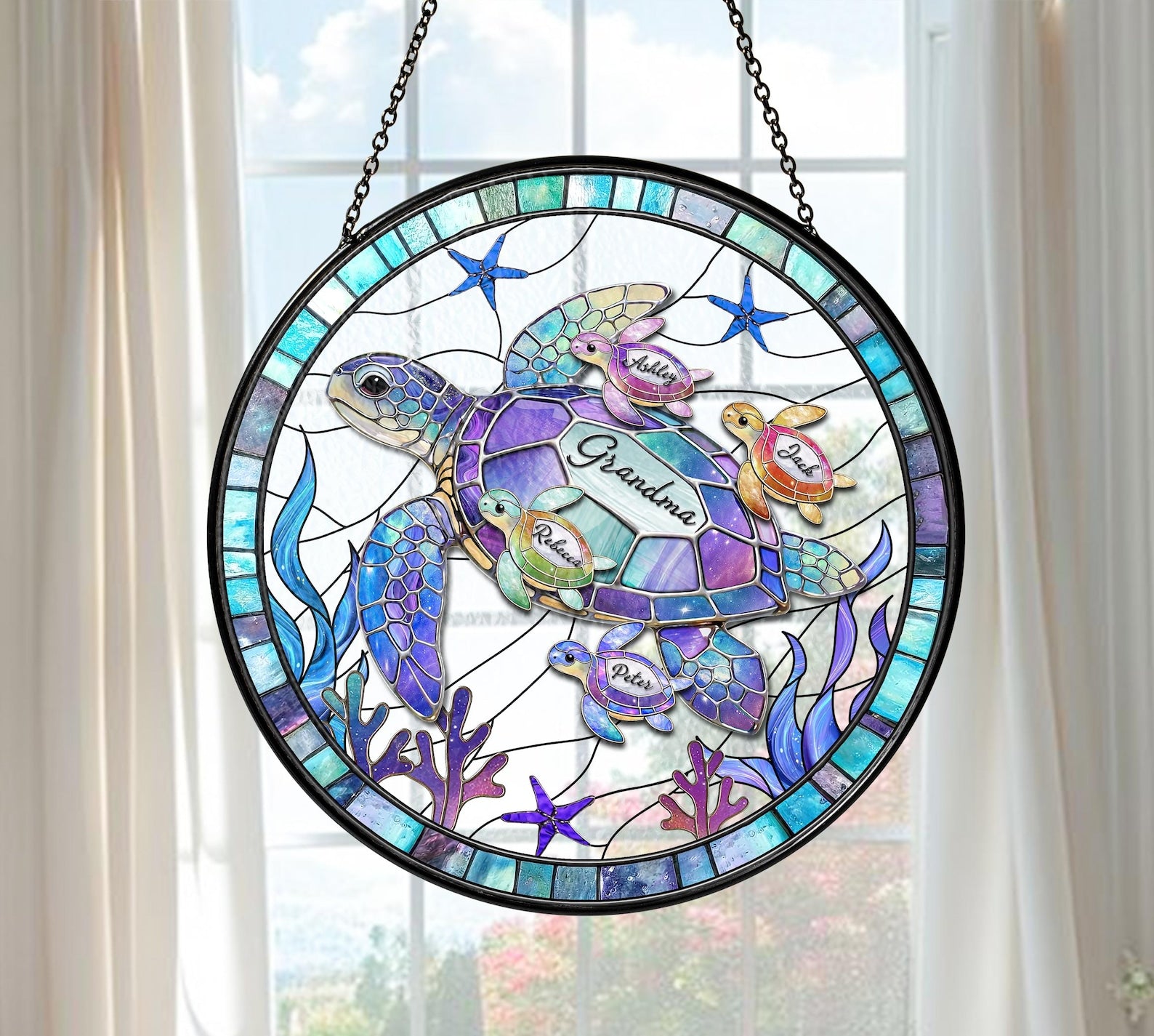 Personalized Sea Turtle Family Suncatcher, Ocean Stained Glass, Custom Kids Name