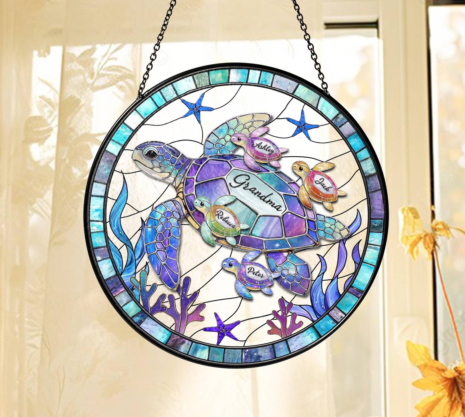 Personalized Sea Turtle Family Suncatcher, Ocean Stained Glass, Custom Kids Name