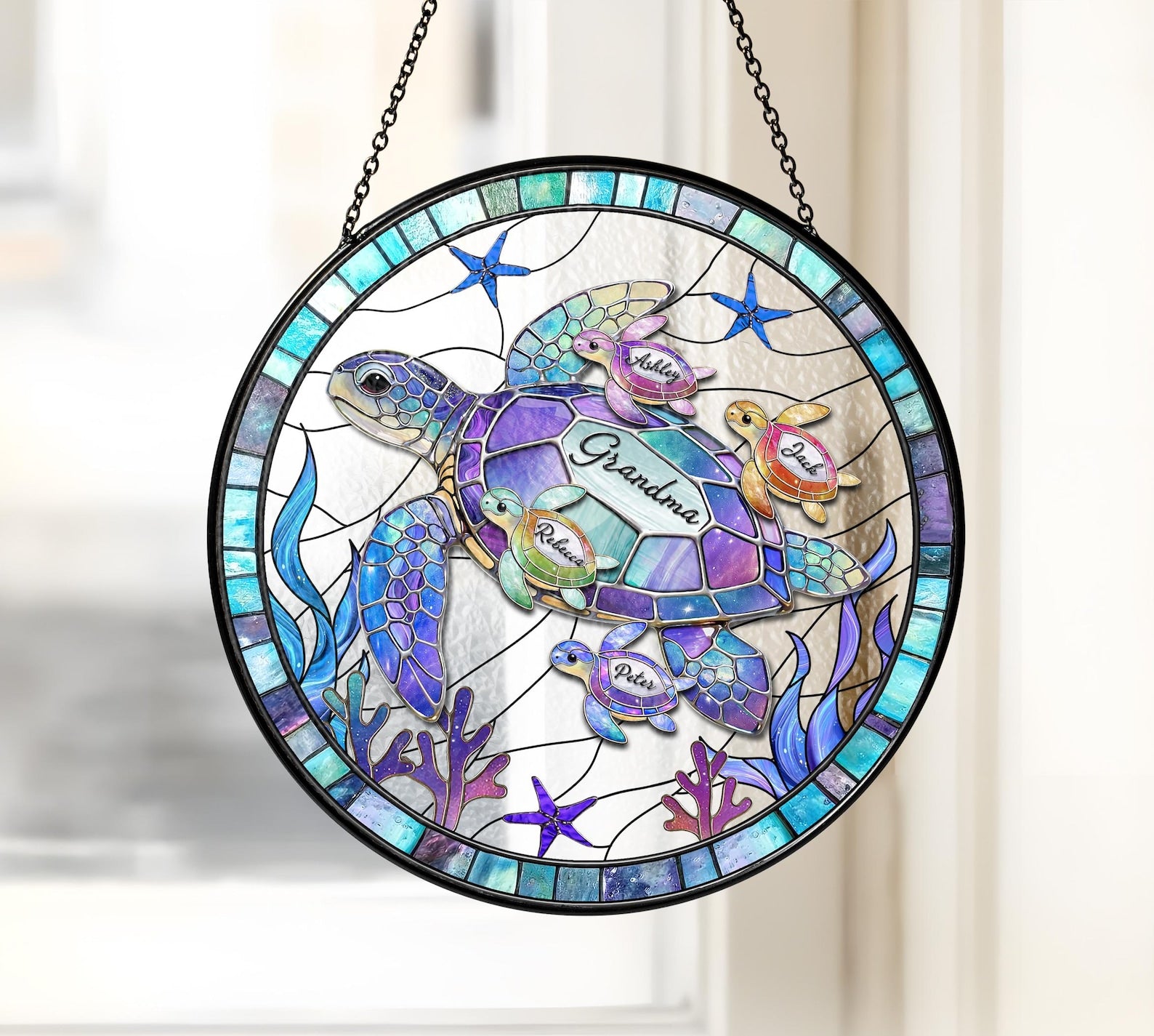 Personalized Sea Turtle Family Suncatcher, Ocean Stained Glass, Custom Kids Name