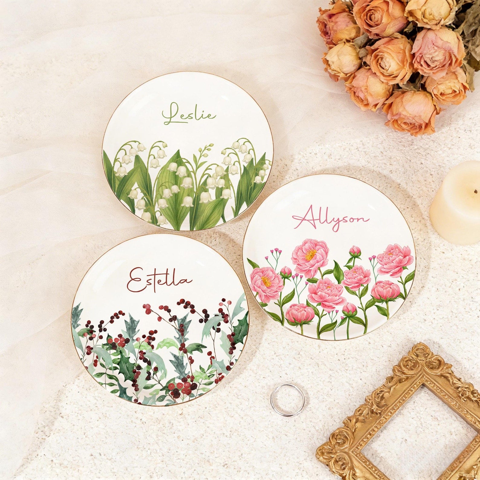 Personalized Watercolor Birth Flower Trinket Dish, Ceramic Ring Tray