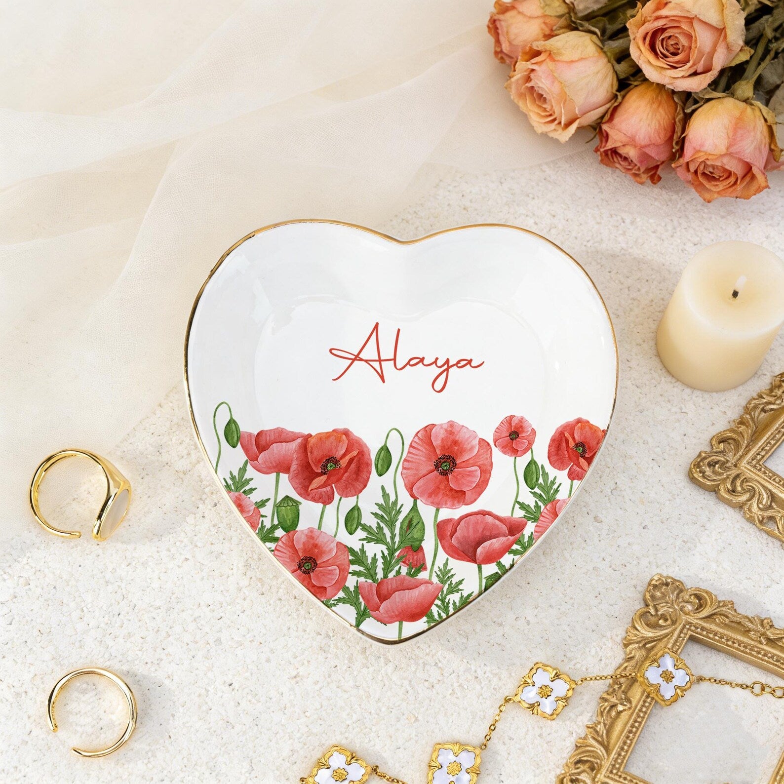 Personalized Watercolor Birth Flower Trinket Dish, Ceramic Ring Tray