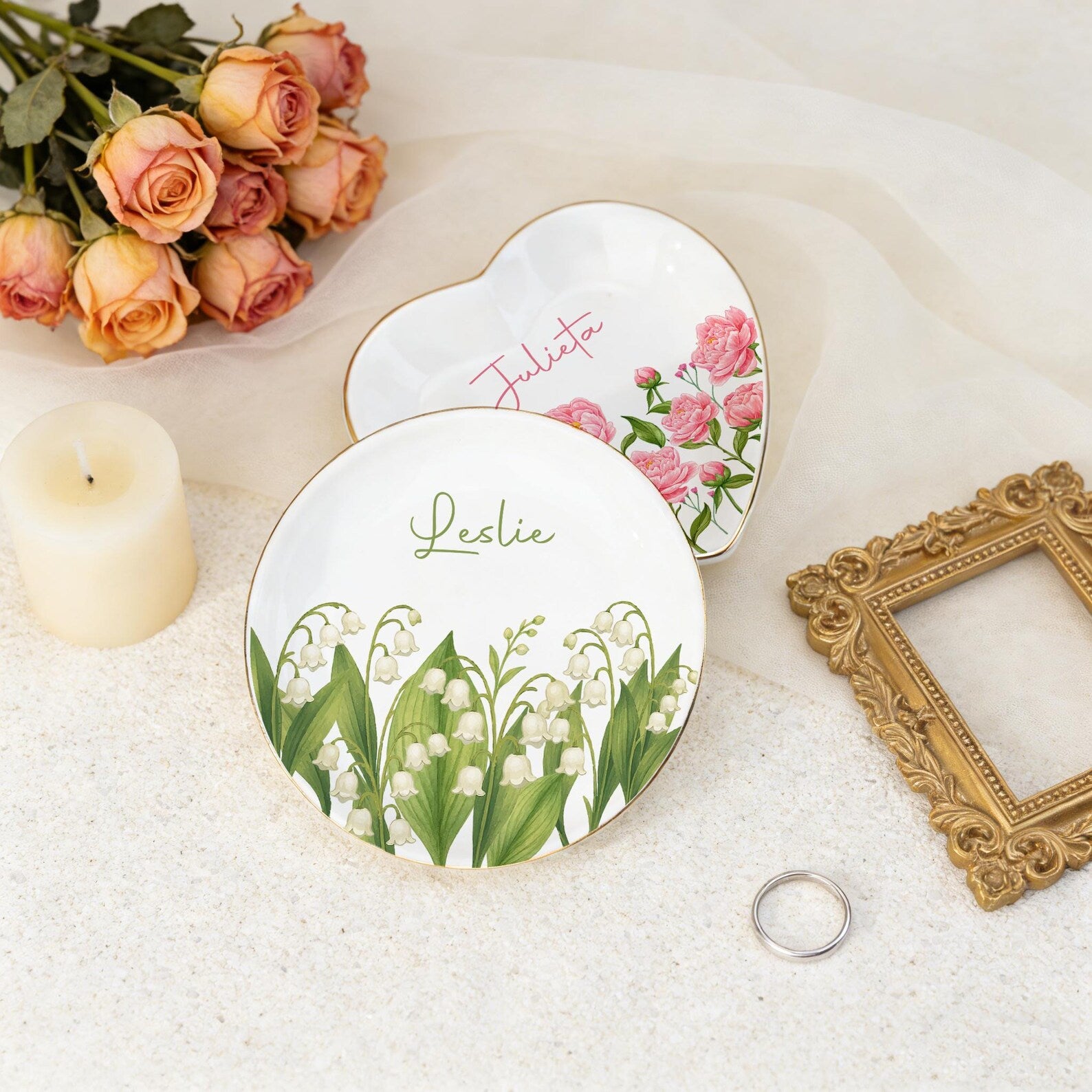 Personalized Watercolor Birth Flower Trinket Dish, Ceramic Ring Tray