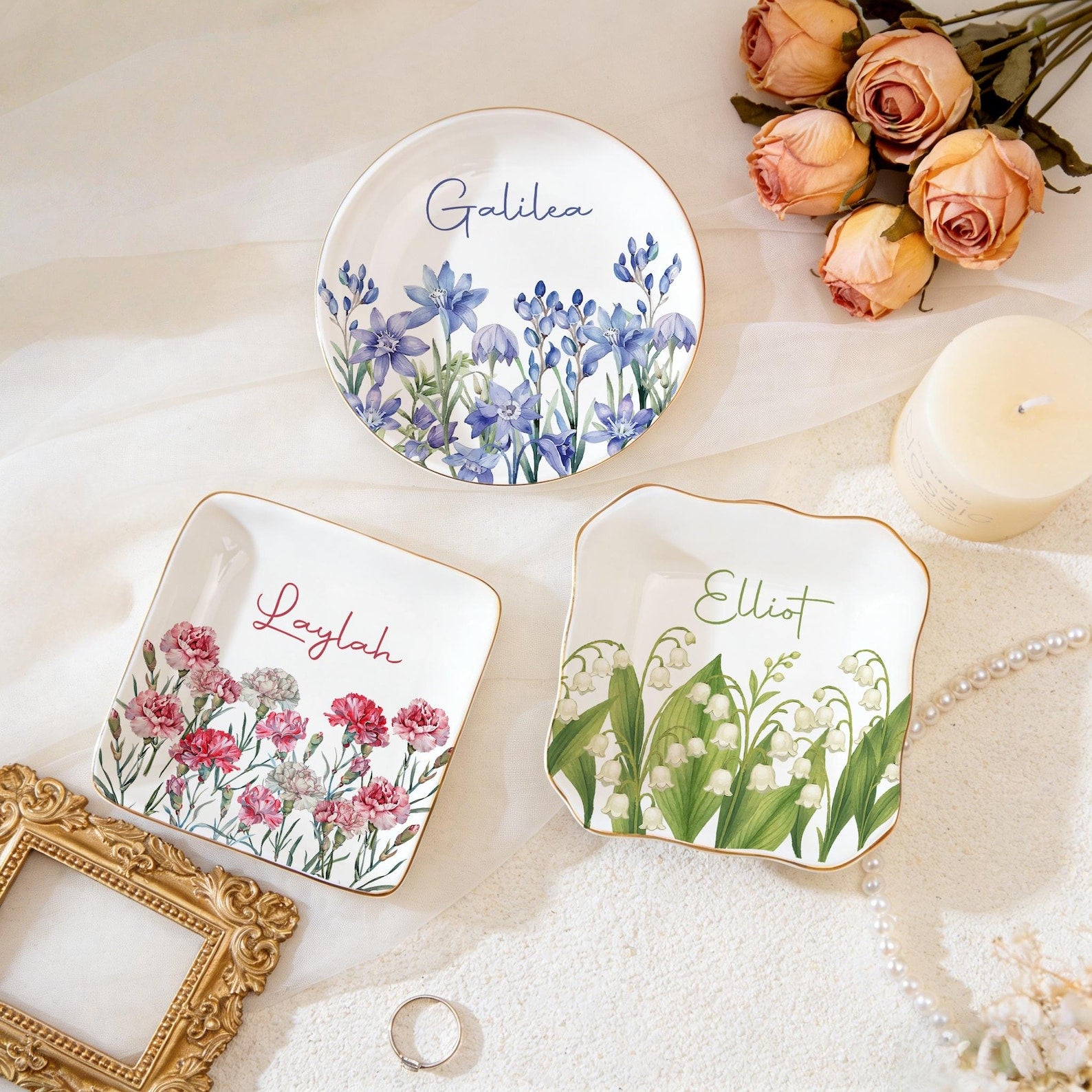 Personalized Watercolor Birth Flower Trinket Dish, Ceramic Ring Tray