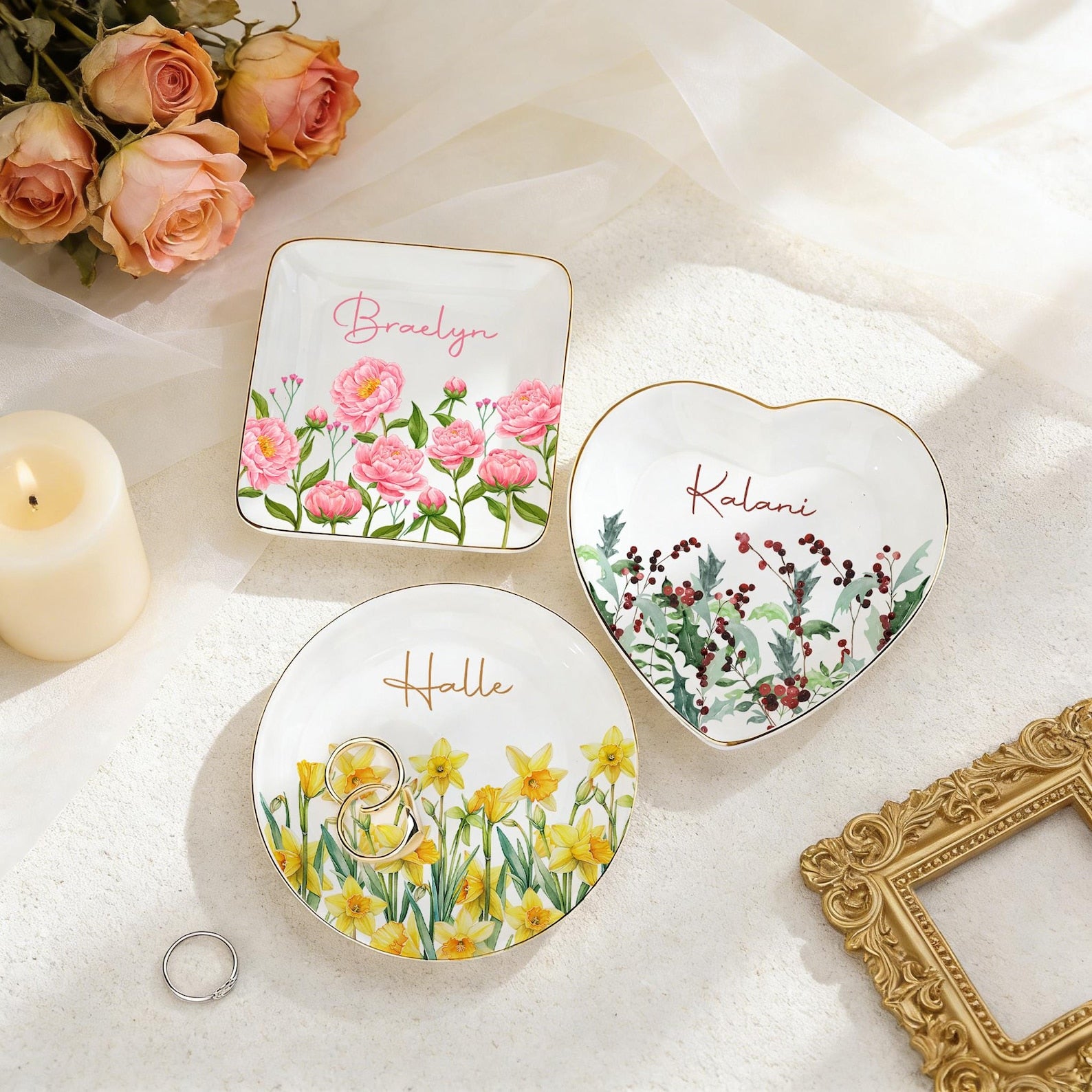 Personalized Watercolor Birth Flower Trinket Dish, Ceramic Ring Tray