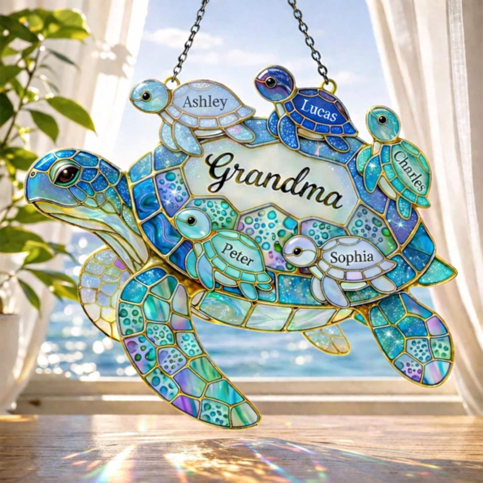 Personalized Grandma Turtle Suncatcher, Custom Grandma Turtle Acrylic Window Art
