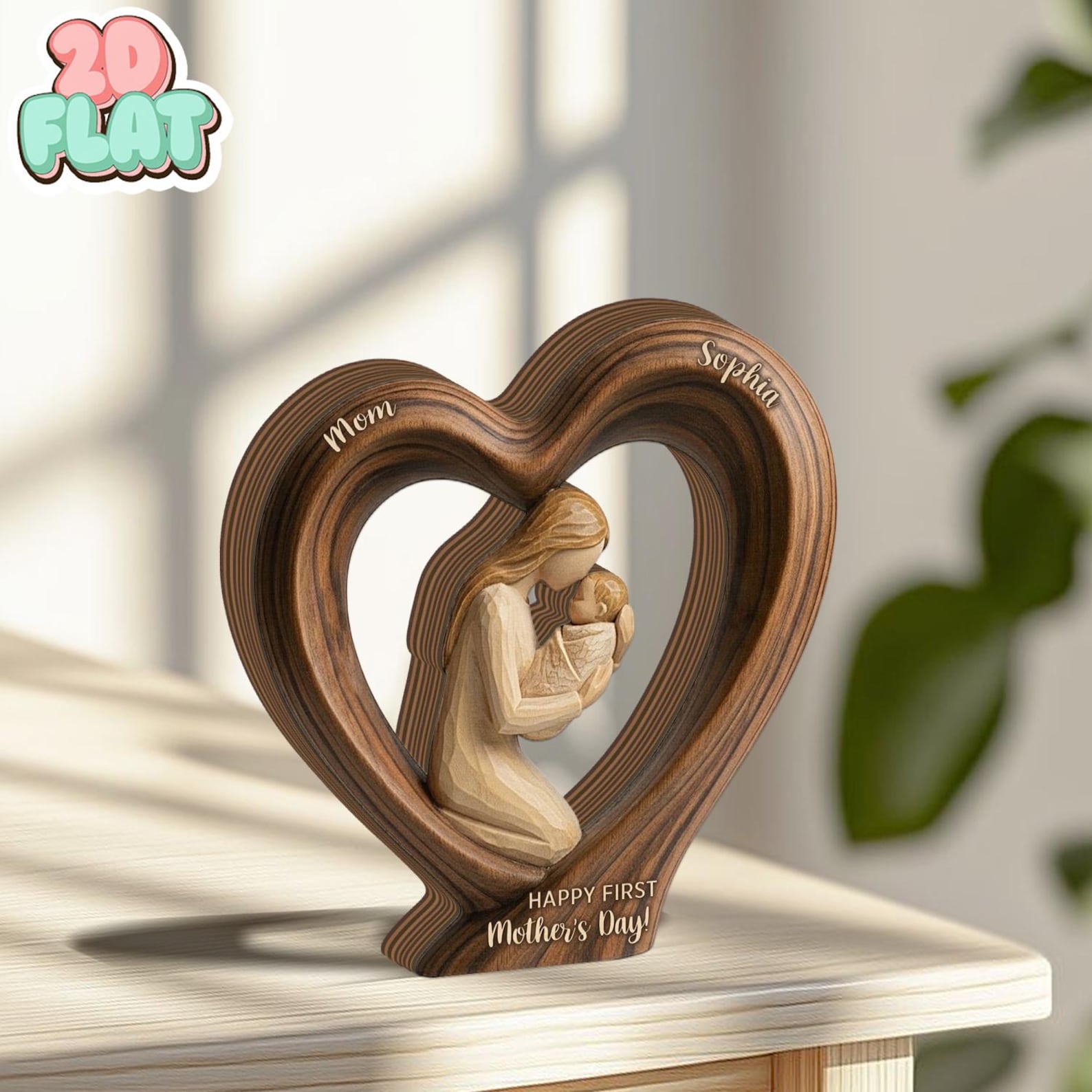 First Mothers Day 2D FLAT Wooden Block, Personalized Name Mom and Baby Keepsake