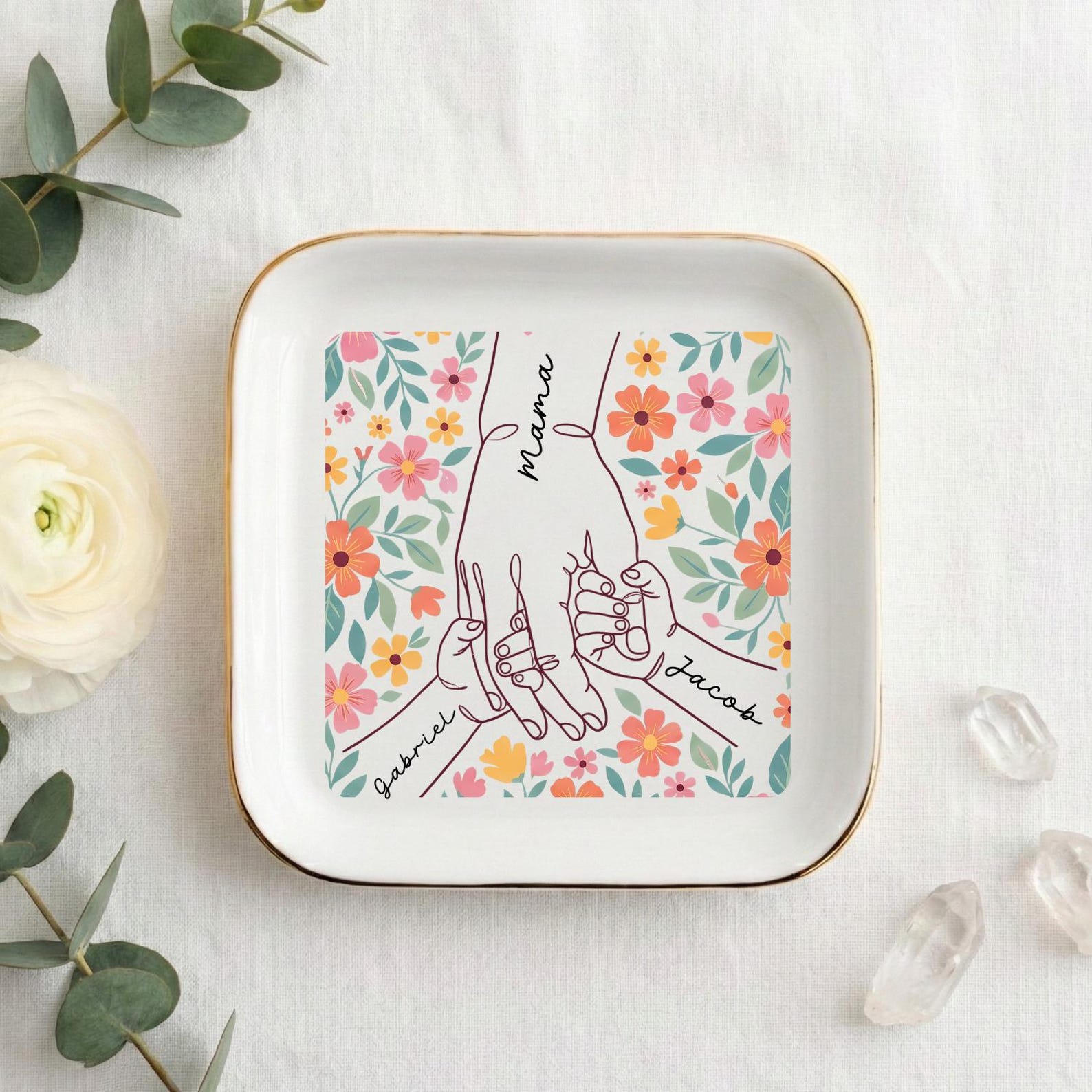 Custom Hands Boho Floral Trinket Dish, Jewelry Dish Custom Name Hand Kid Names