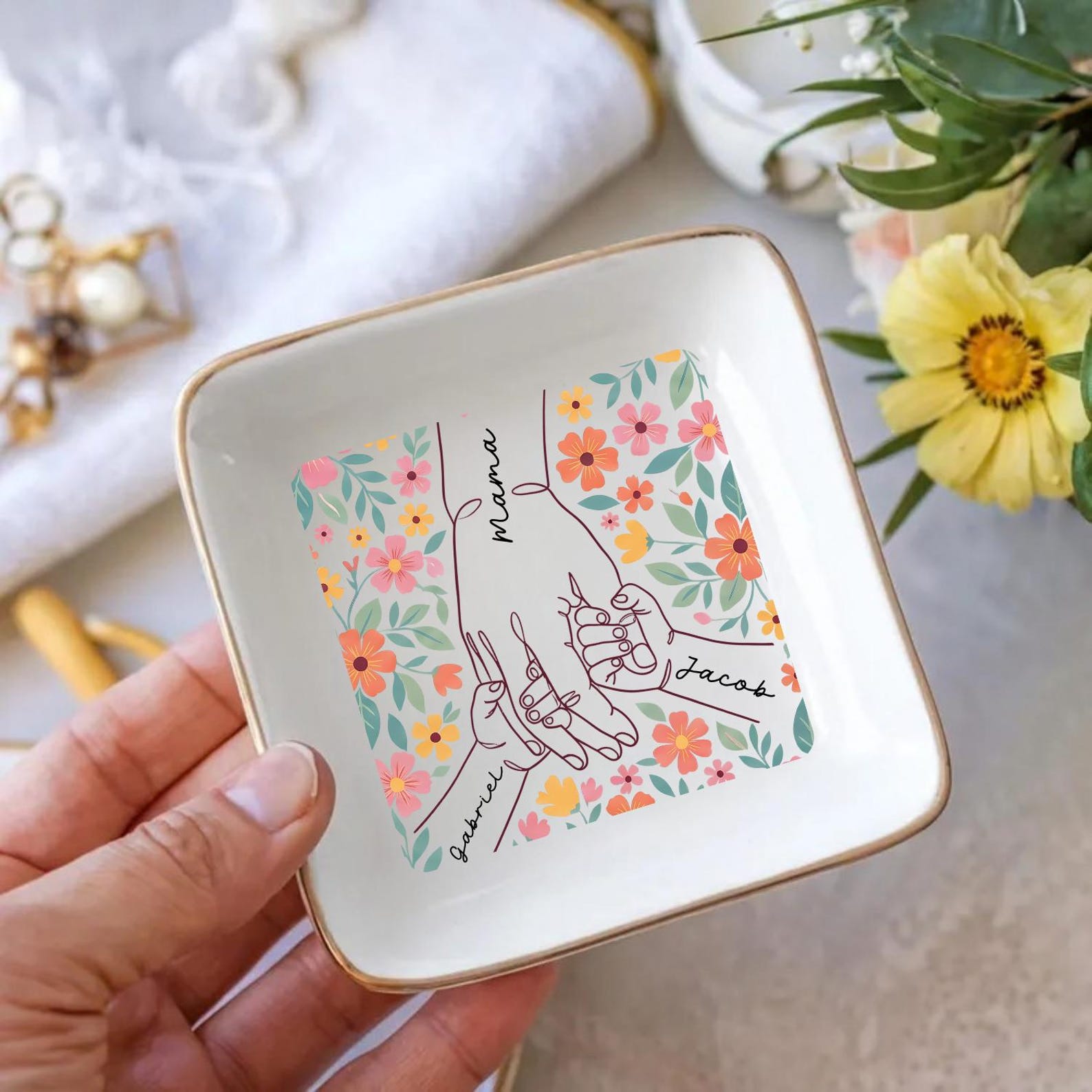Custom Hands Boho Floral Trinket Dish, Jewelry Dish Custom Name Hand Kid Names