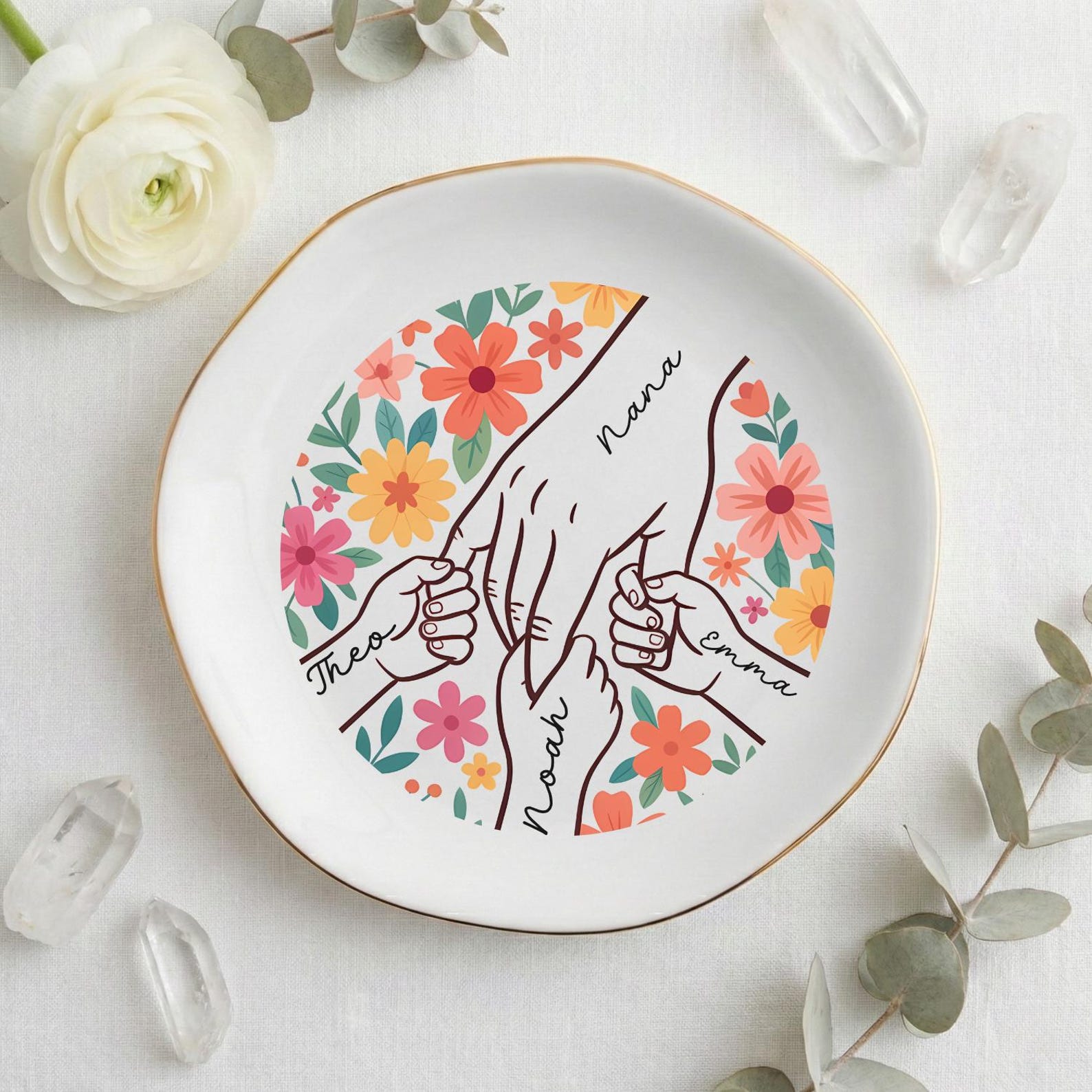 Custom Hands Boho Floral Trinket Dish, Jewelry Dish Custom Name Hand Kid Names