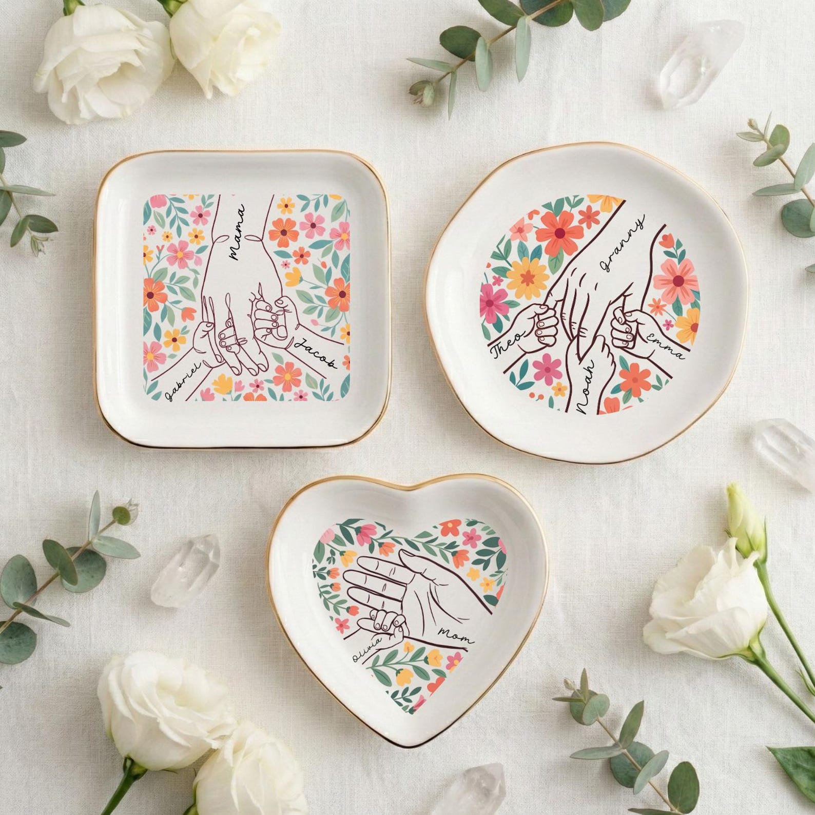 Custom Hands Boho Floral Trinket Dish, Jewelry Dish Custom Name Hand Kid Names