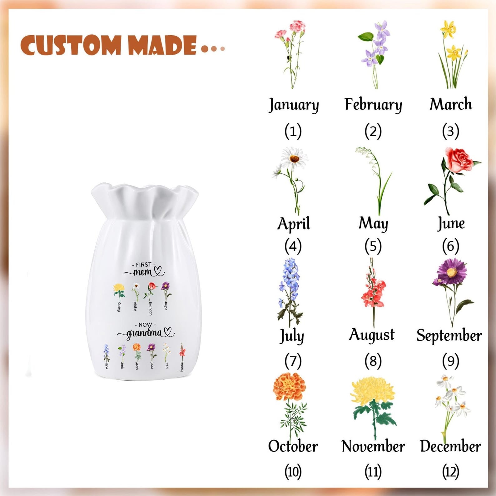Personalized First Mom Now Grandma Birth Flower Vase, Custom Flower Keepsake