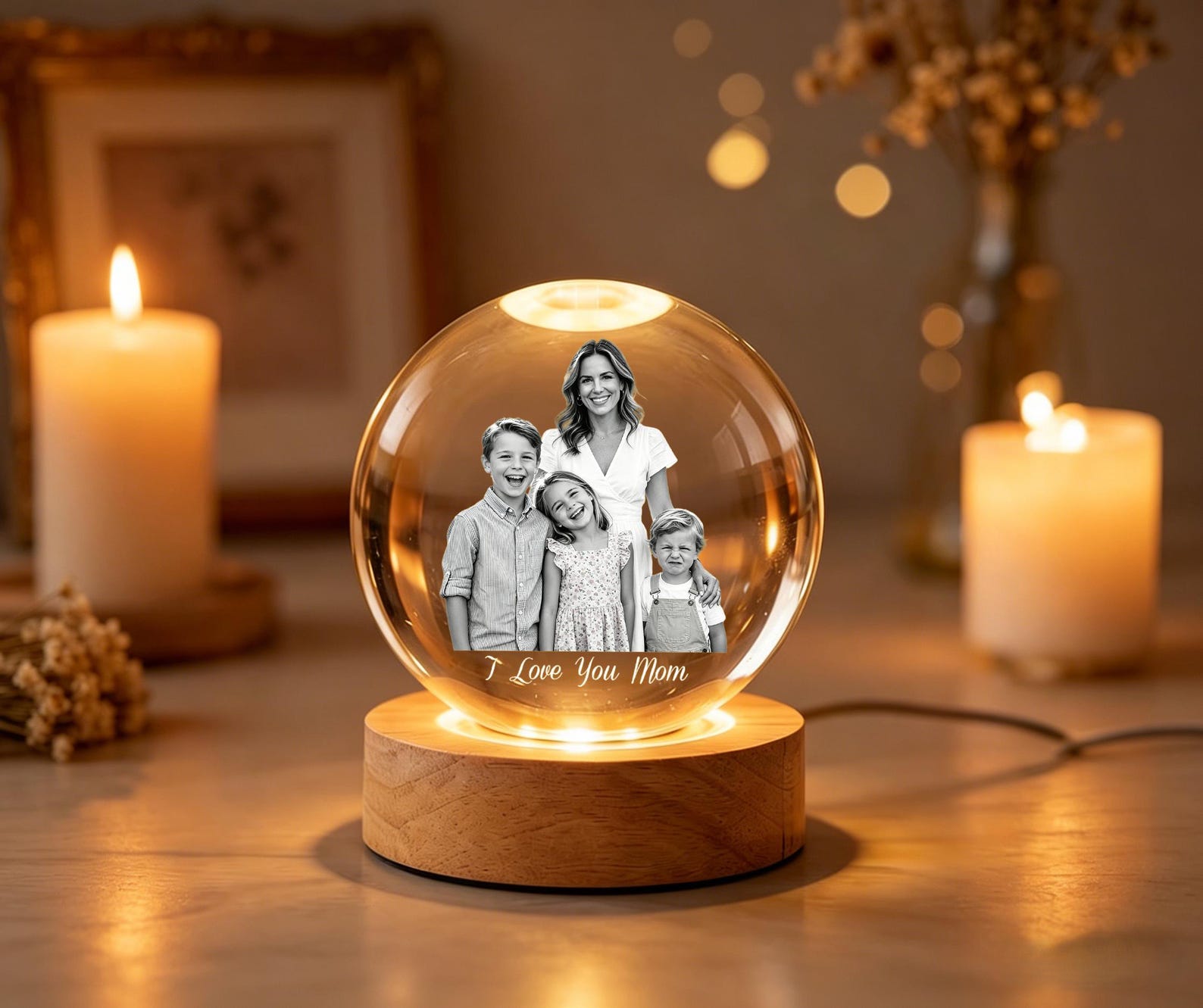 Personalized Mother's Day Photo Crystal Ball Night Light, Custom Portrait Light-Up Globe