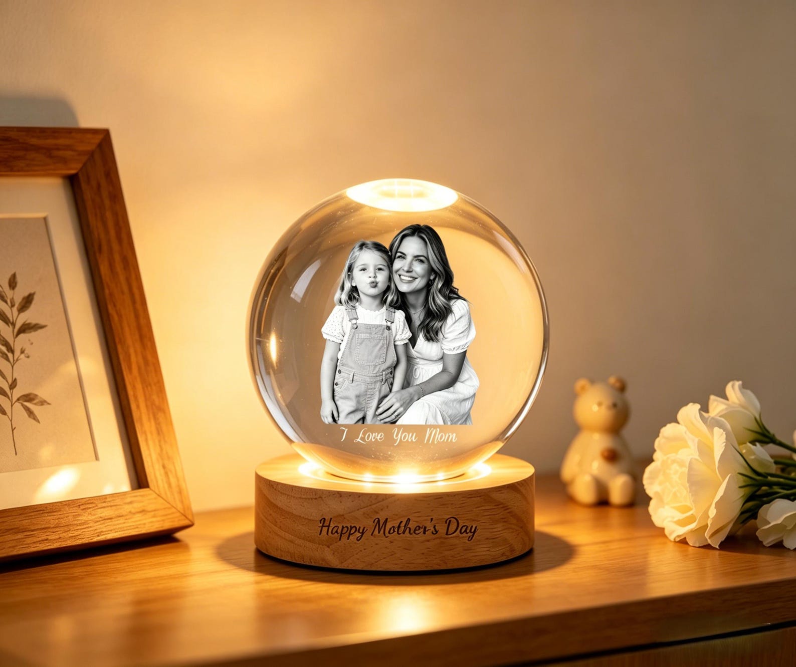 Personalized Mother's Day Photo Crystal Ball Night Light, Custom Portrait Light-Up Globe