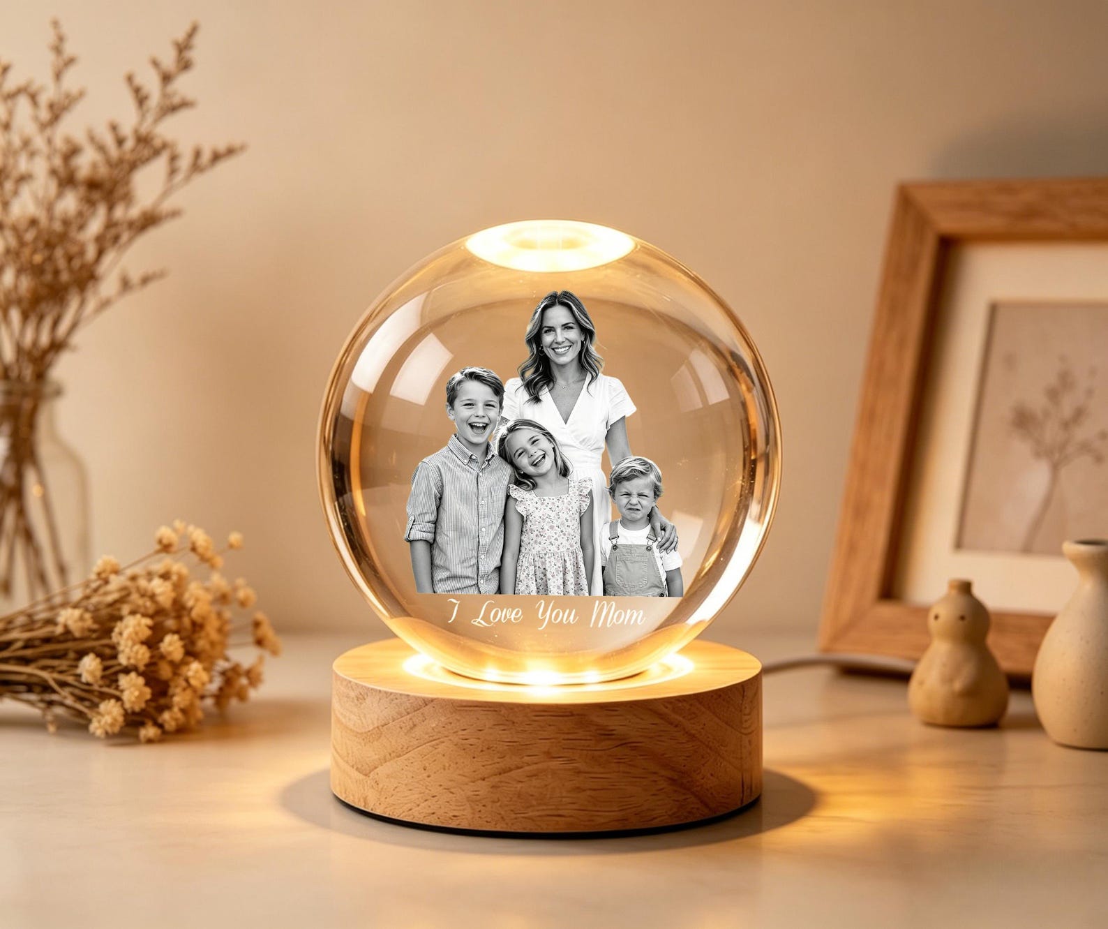 Personalized Mother's Day Photo Crystal Ball Night Light, Custom Portrait Light-Up Globe