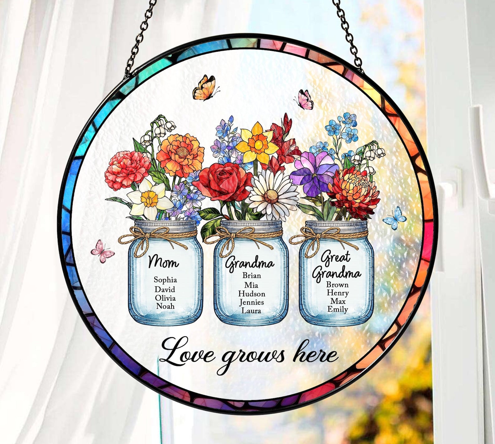 Custom Stained Glass Suncatcher, Birth Flower Garden Window Hanging