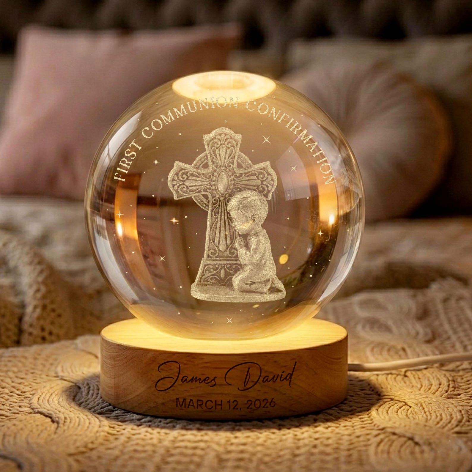 Personalized First Communion Crystal Ball Night Light, Baptism Confirmation Gift