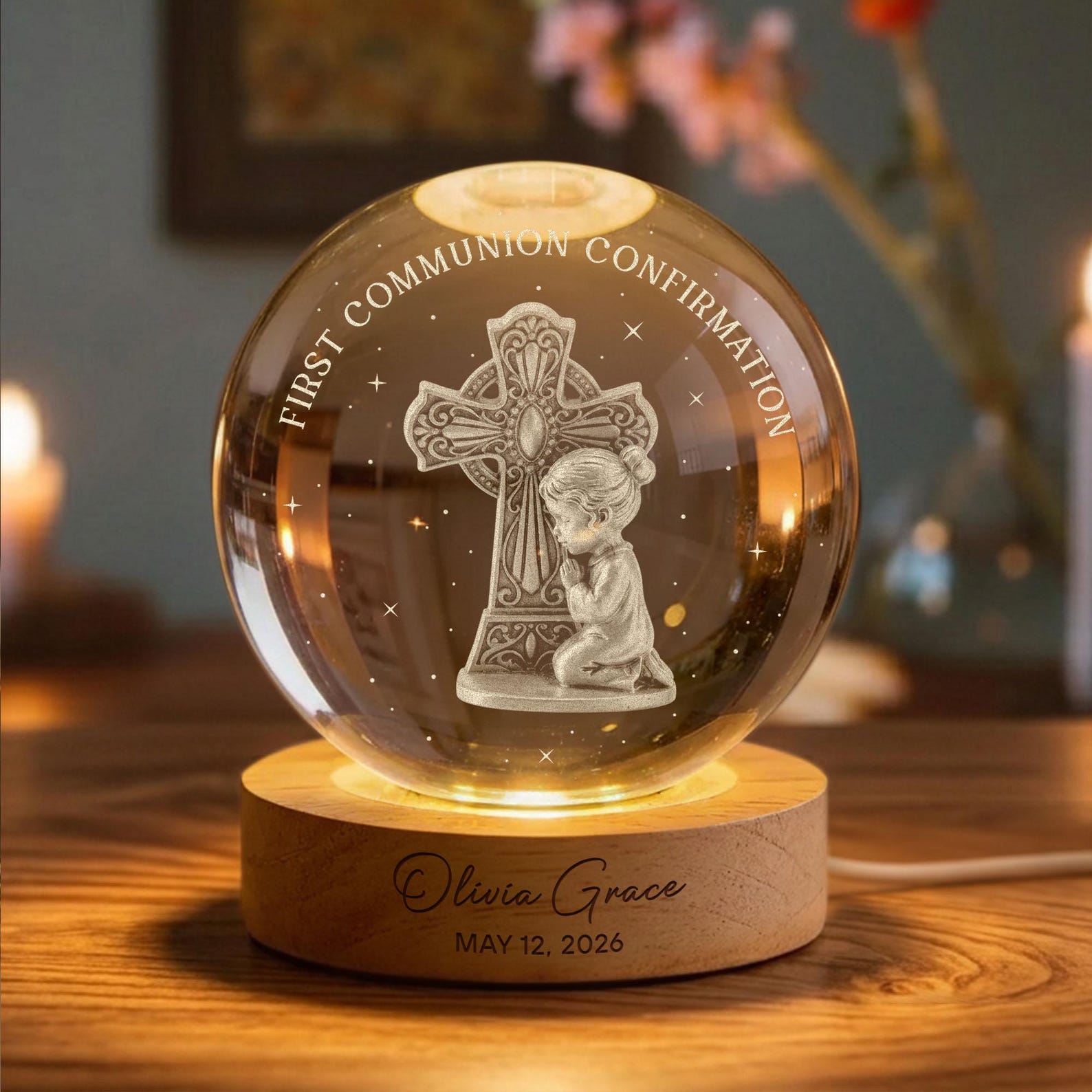 Personalized First Communion Crystal Ball Night Light, Baptism Confirmation Gift