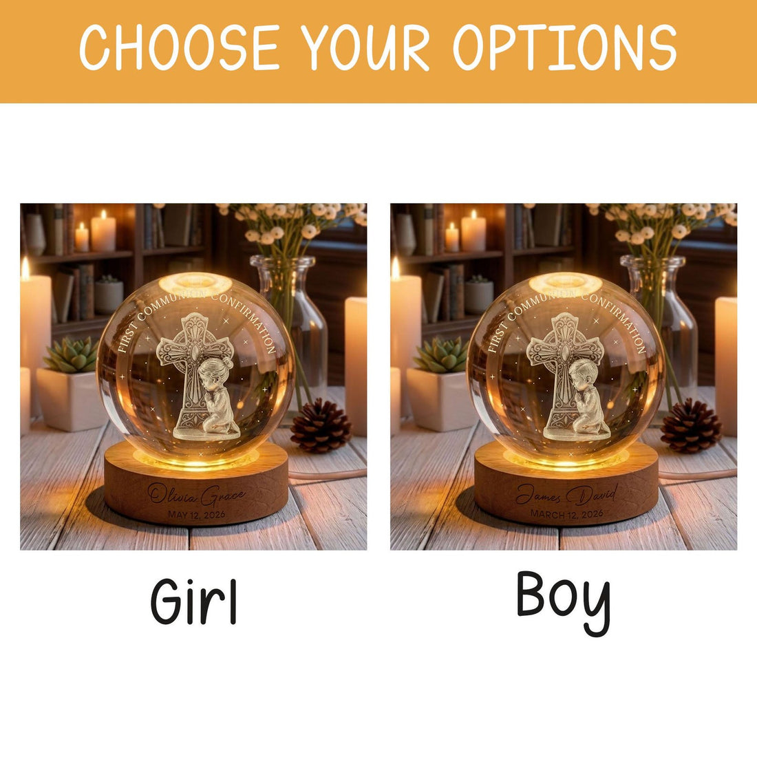 Personalized First Communion Crystal Ball Night Light, Baptism Confirmation Gift